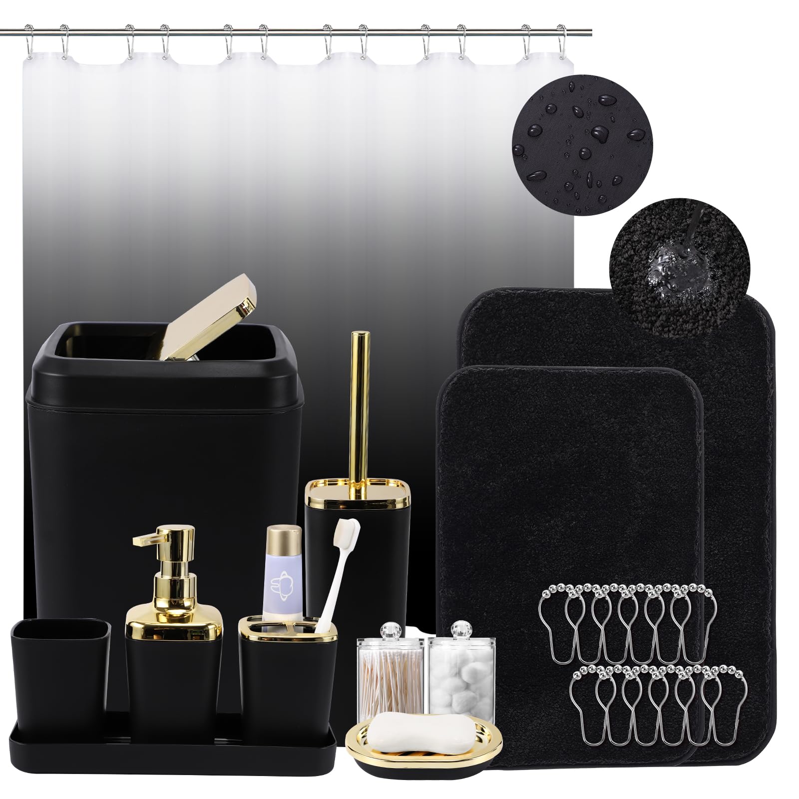 Premium 24-Piece Black Bathroom Accessories Set - Includes Shower Curtain with Hooks, Soap Dispenser, Soap Dish, Toilet Brush Holder & Trash Can - Complete Modern Bathroom Decor for Home, Apartment & Guest Bathrooms