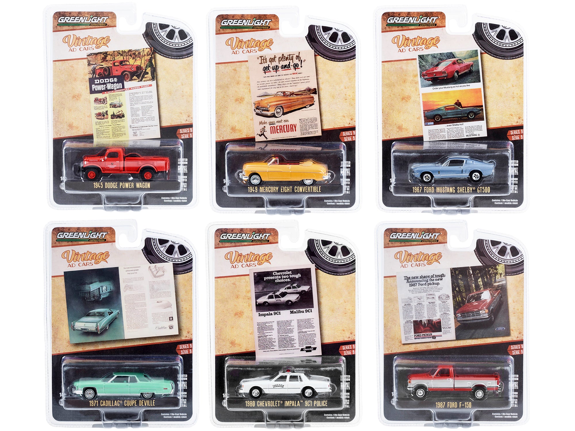 Vintage Ad Cars Set of 6 Pieces Series 9 - 1/64 Scale Diecast Model Cars by Greenlight - Perfect for Collectors, Display & Gift Giving