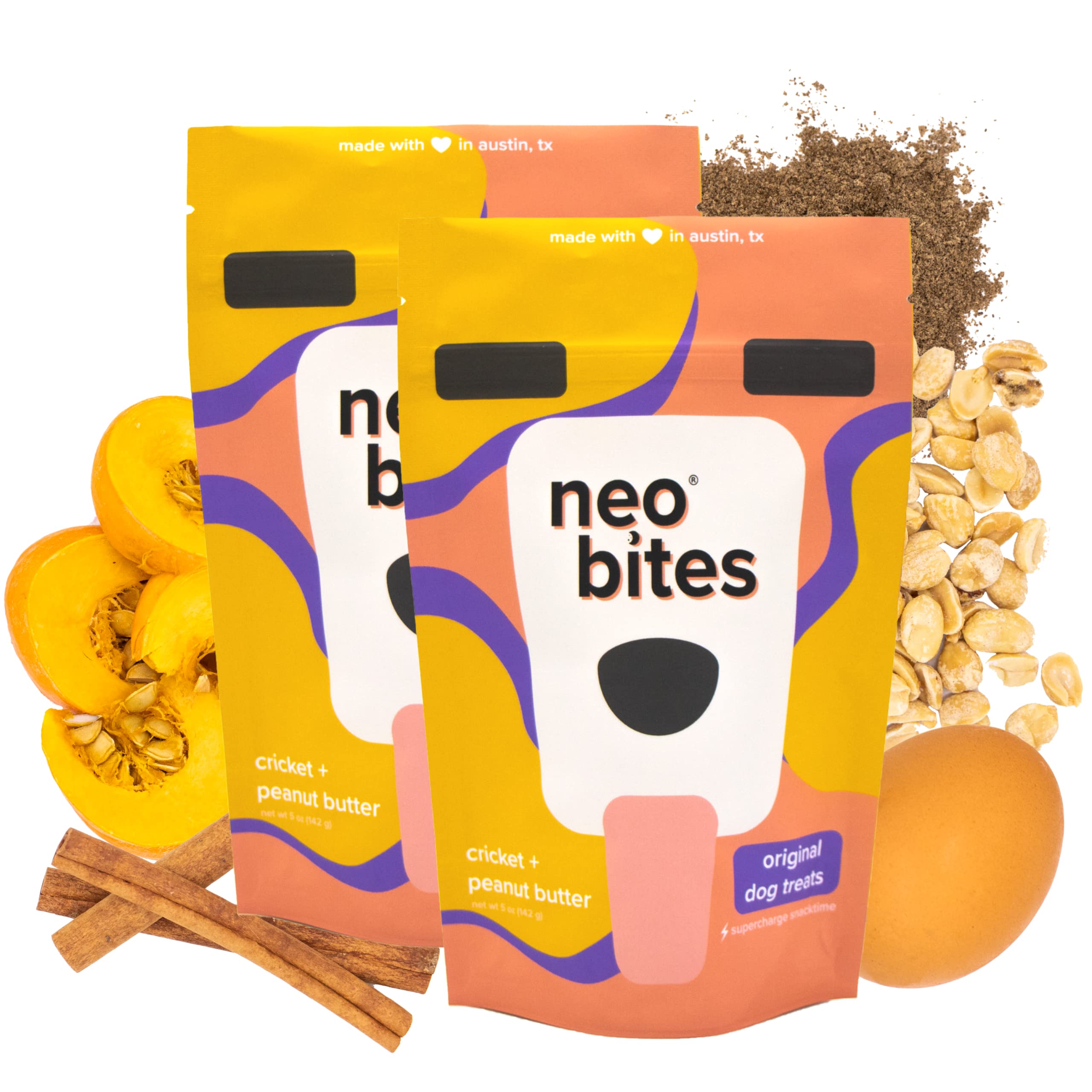 Neo Bites Original Cricket Protein Dog Treats - Hypoallergenic, Probiotic-Rich, Vegan Dog Food Alternative with Peanut Butter & Pumpkin Superfoods - Natural Insect-Based Dog Snacks (2 Pack) for Training, Digestive Health & Allergy Relief