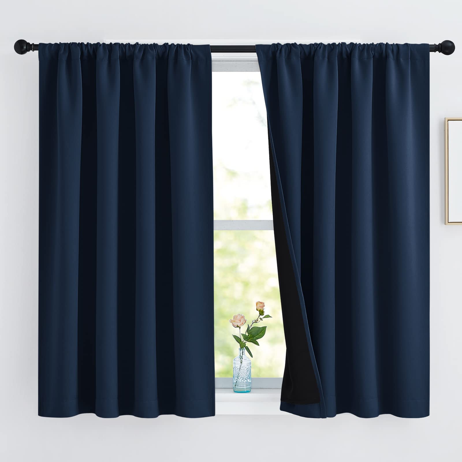 NICETOWN 100% Blackout Thermal Insulated Curtains - 2 Panels, 52x45 Inches, Navy - Energy Efficient Black Lined Drapes for Small Windows - Perfect for Dining Room & Bedroom Light Blocking & Noise Reduction