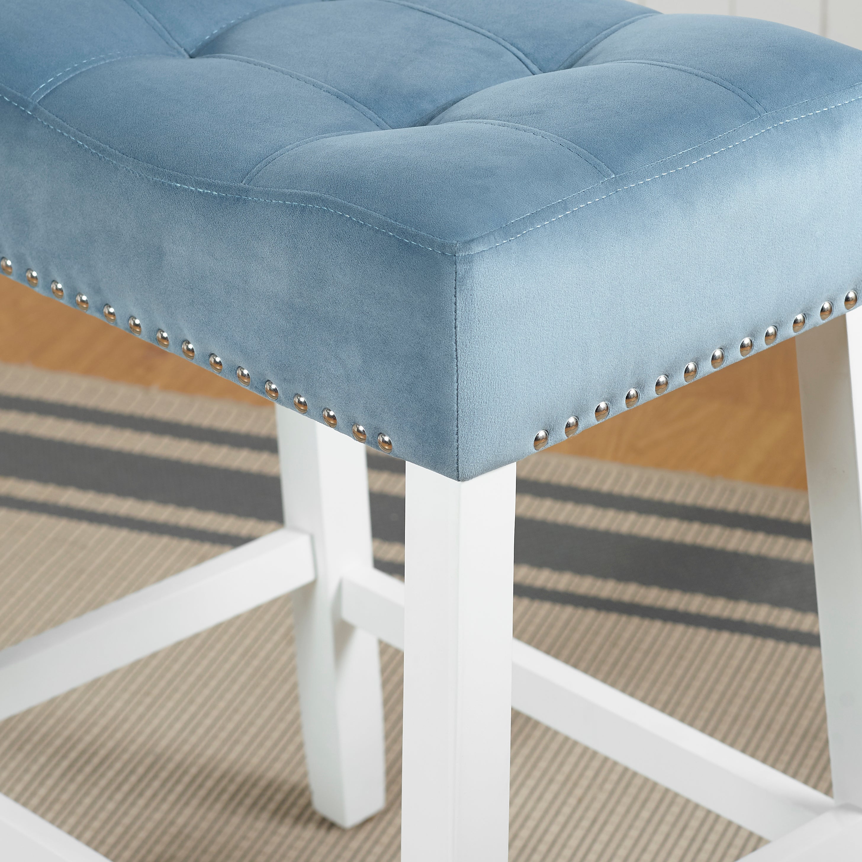Roundhill Furniture Morovo Set of 2 Velvet Counter Height Bar Stools with Tufted Saddle Seats - White Wash Finish & Blue Velvet Upholstery - Perfect for Kitchen Islands, Breakfast Bars & Home Decor