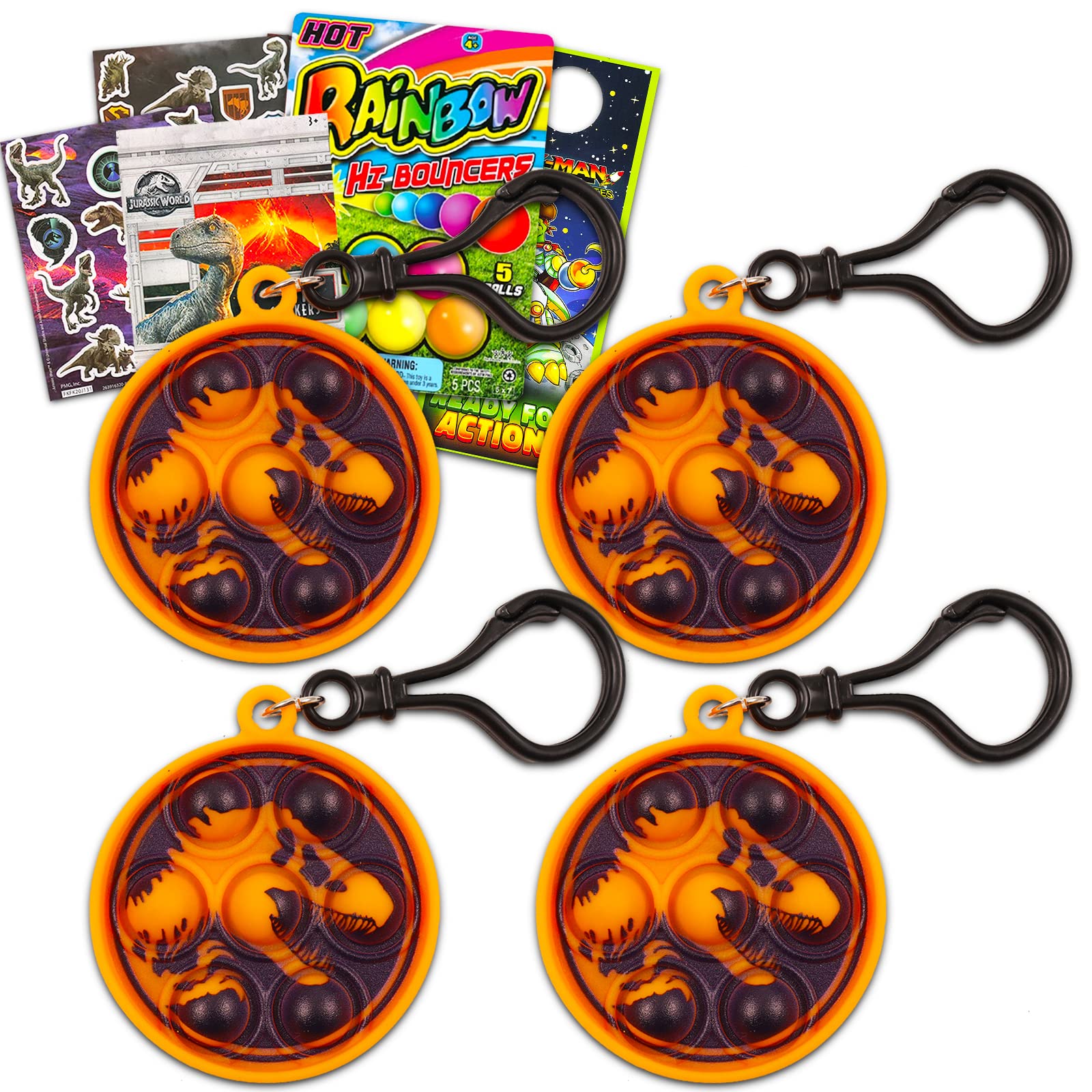 Jurassic World T-Rex Pop Fidget Toys Set - 4 Dinosaur Keychains with Jurassic Park Stickers | Stress Relief Sensory Toys for Kids & Adults | Perfect for Classroom, Office, and Travel Use