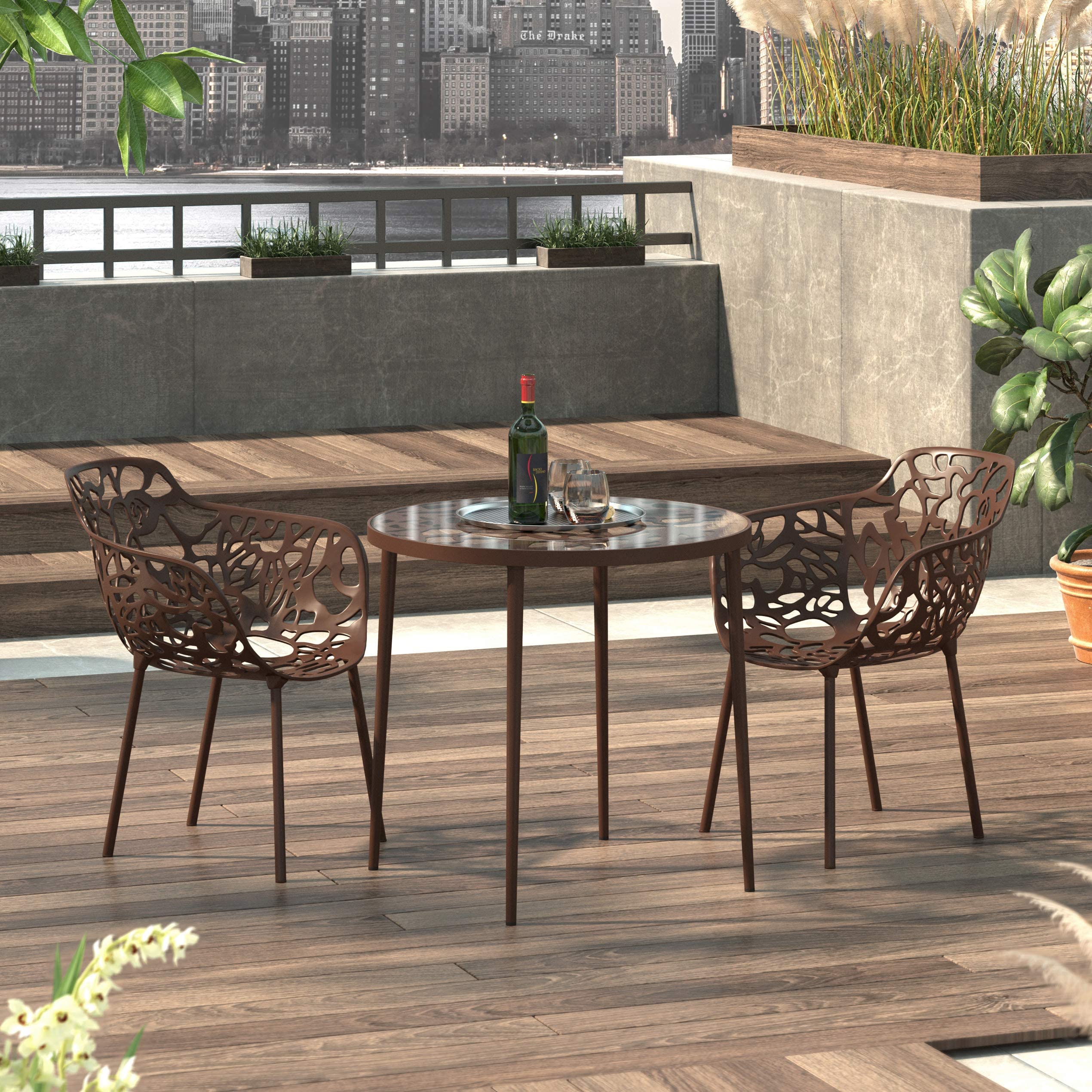 Modern Bistro Dining Table with Tempered Glass Top & Aluminum Base - LeisureMod Devon Indoor/Outdoor Patio Table (Brown) | Perfect for Restaurants, Cafés & Home Dining Areas