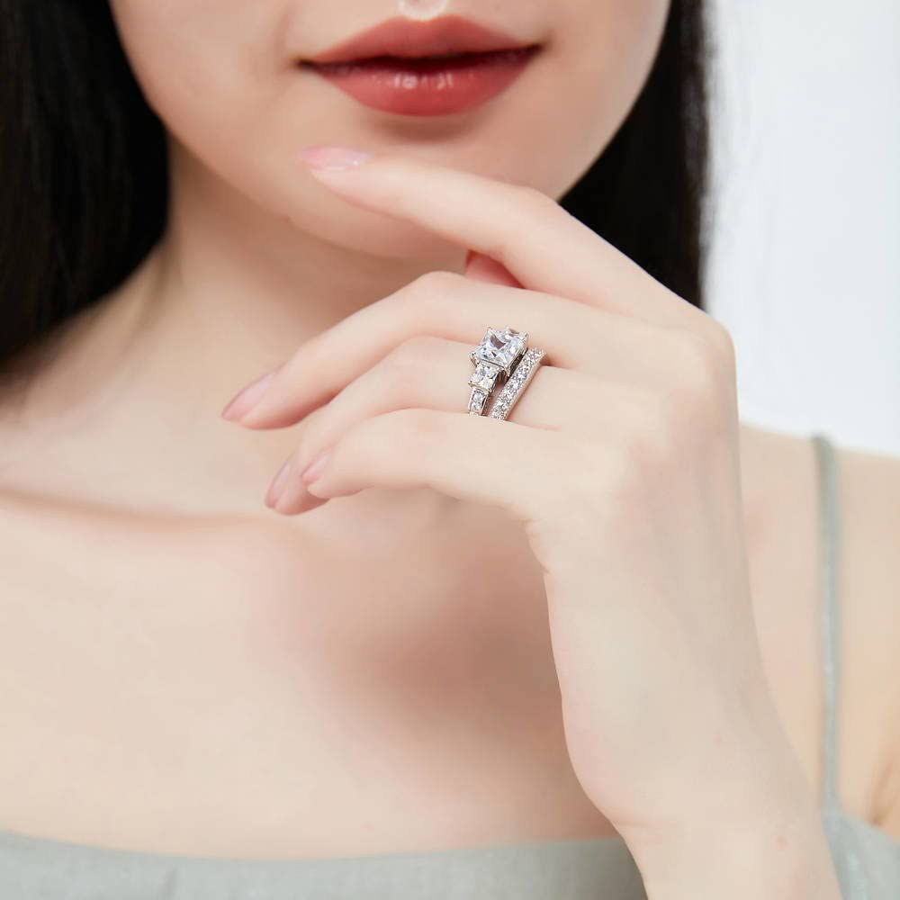 Sterling Silver 3-Stone Princess Cut Cubic Zirconia Engagement Ring Set for Women - 2 Carat CZ Wedding Band, Rhodium Plated, Size 4-10 - Perfect for Proposals, Anniversaries & Bridal Jewelry