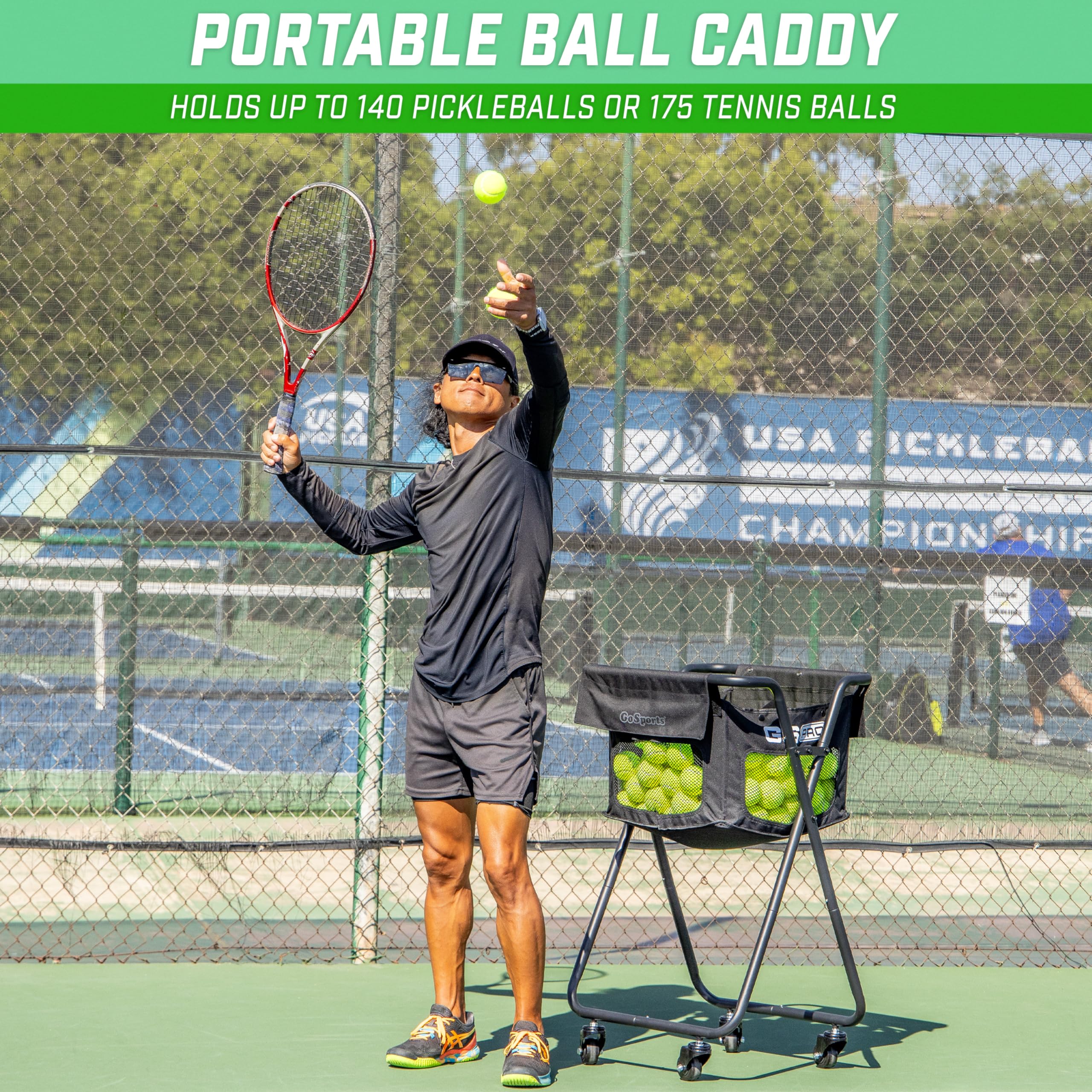 GoSports Wheeled Ball Caddy - Portable Sports Cart Holds 140 Pickleballs or 175 Tennis Balls | Perfect for Tennis Courts, Pickleball Games & Outdoor Sports Practice