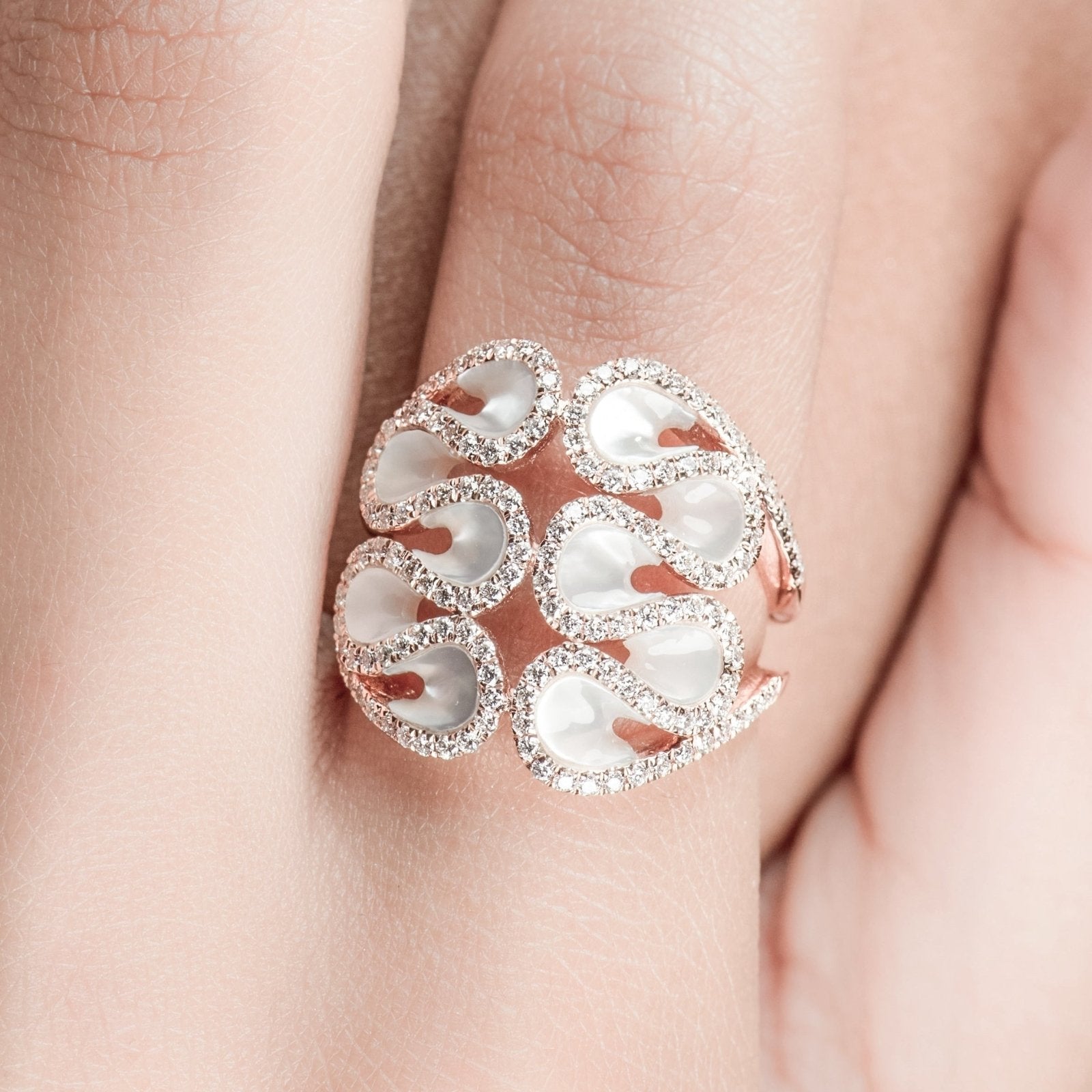 14K Rose Gold Abstract Swirl Mother of Pearl and Diamond Cocktail Ring - Elegant Statement Jewelry for Evening Parties & Special Occasions