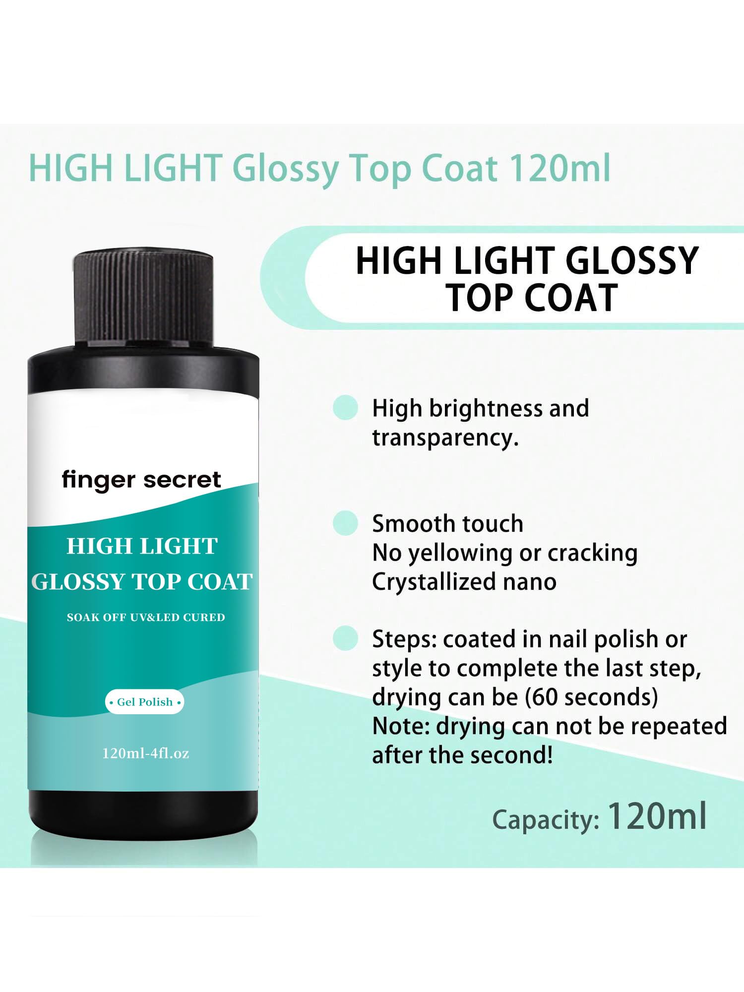 High Gloss Gel Top Coat 120ml (4 fl.oz) - Soak Off UV/LED Lamp Nail Polish for Manicure & Nail Art DIY | Long-Lasting Shine for Professional Salon & Home Use