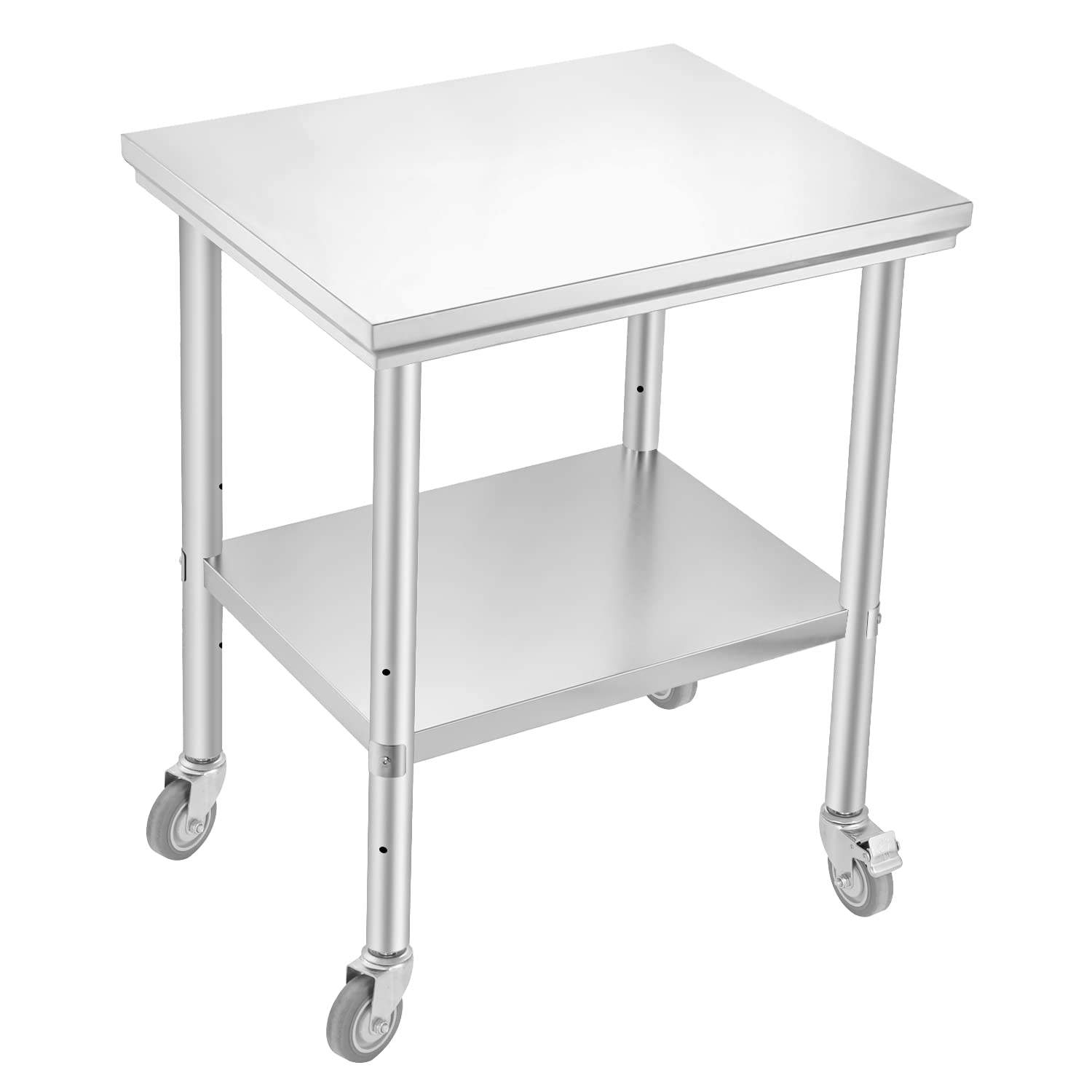 Heavy Duty Stainless Steel Two-Tier Work Table 30x24x34 Inch - Adjustable Height with Caster Wheels for Home, Hotel, Commercial Kitchen & Restaurant Use - Perfect for Food Prep, Serving & Storage