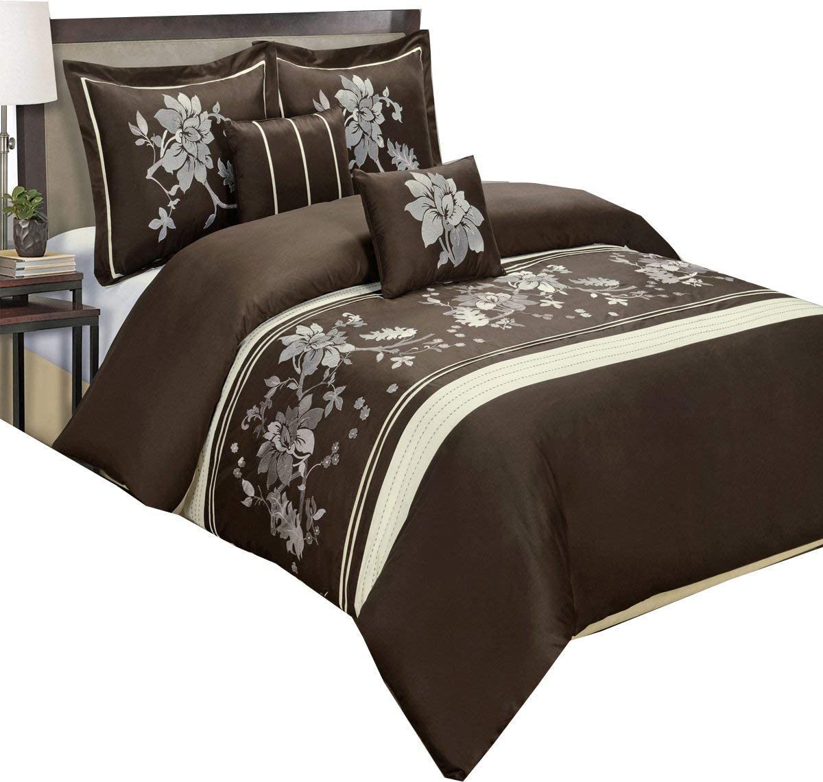 10-Piece Myra King Size Embroidered Bed in a Bag Comforter Set - Chocolate Brown Luxury Bedding by Royal Hotel | Complete Bedroom Set for Master Bedroom, Guest Room & Dorm Decor