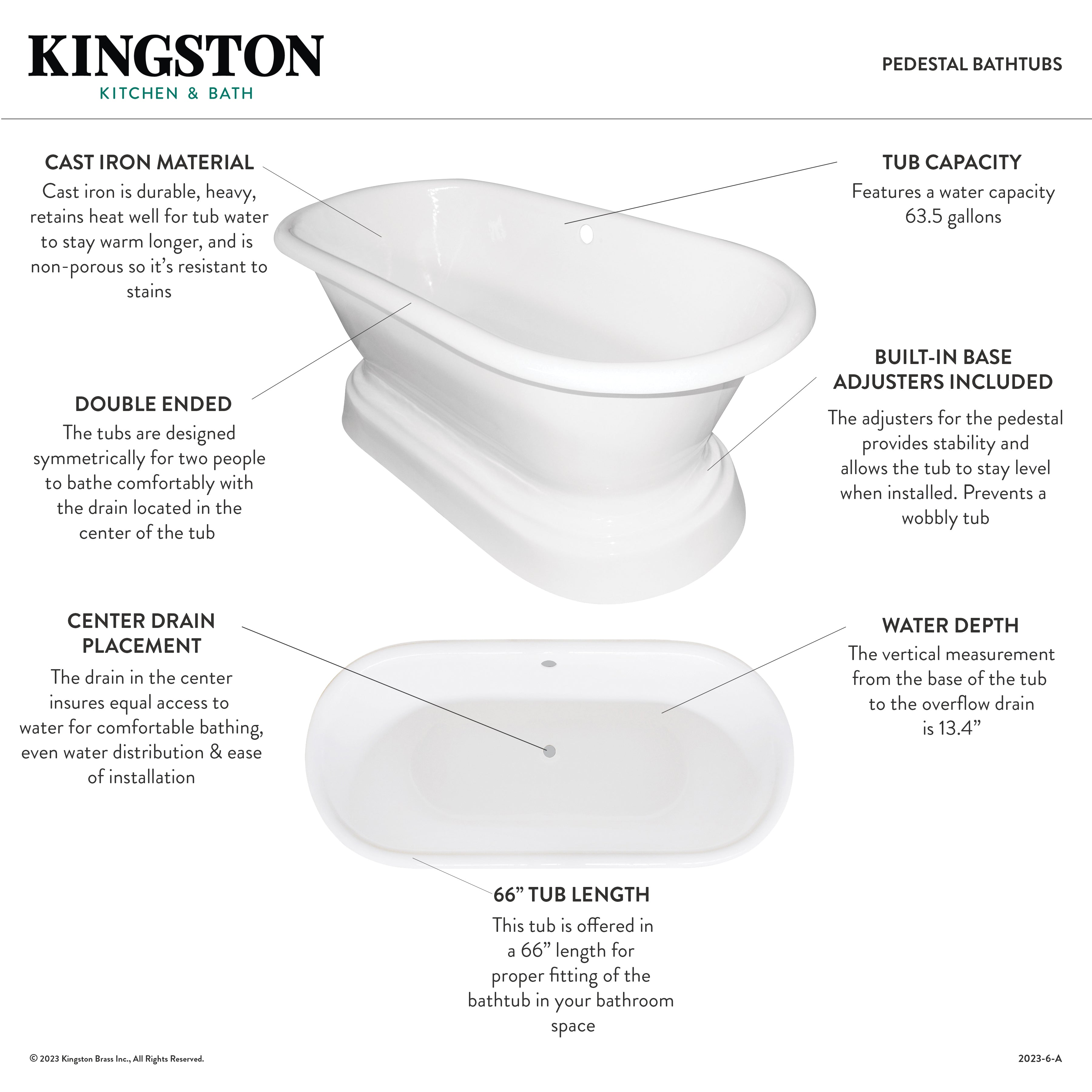 Aqua Eden 66 Inch White Cast Iron Oval Double Ended Pedestal Bathtub - No Faucet Drillings | Freestanding Soaking Tub for Luxury Bathroom & Spa Relaxation