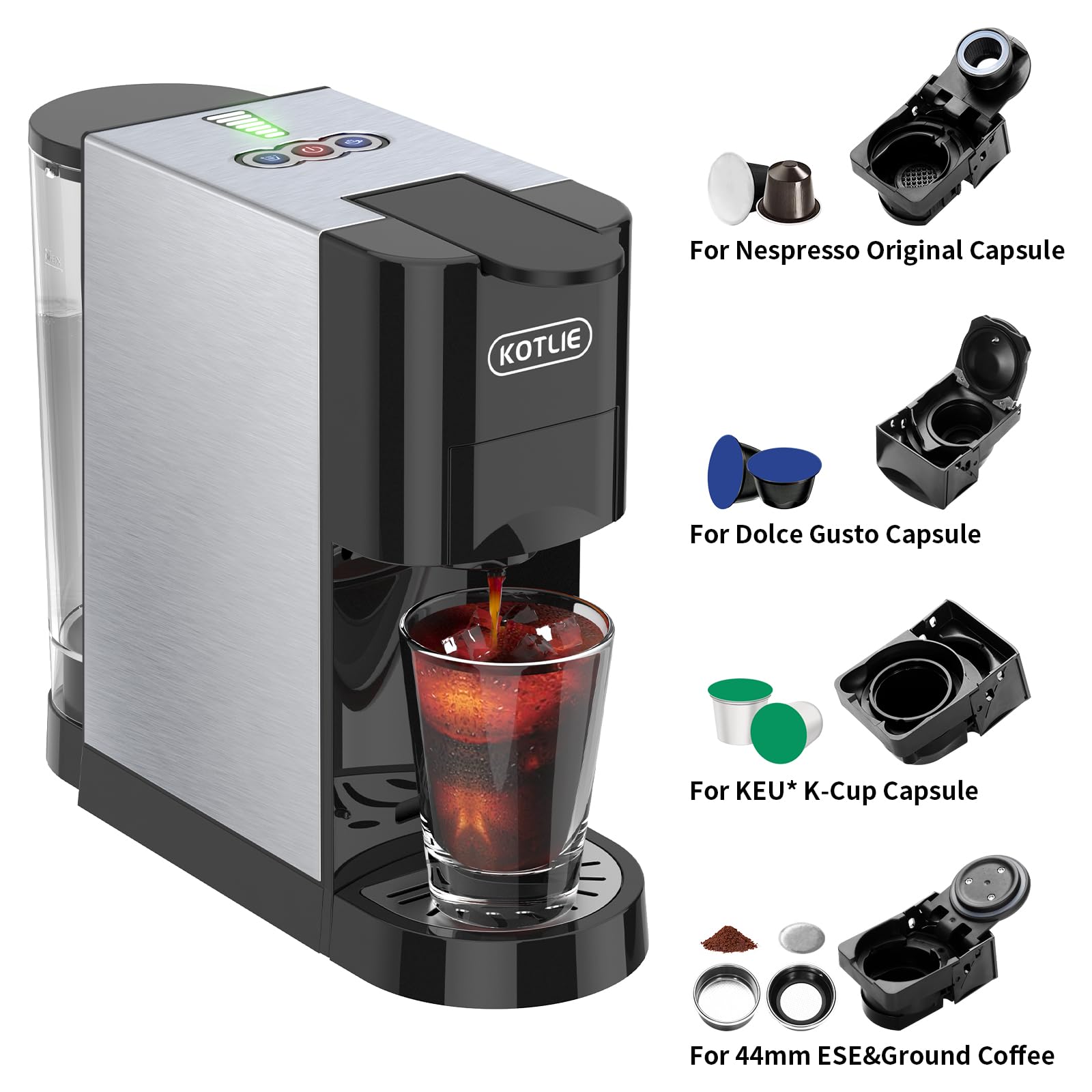 KOTLIE 19Bar High Pressure Single Serve Coffee Maker - 5-in-1 Multifunction Machine Compatible with NES* Original/Dolce Gusto/K-Cup/Ground Coffee/illy 44mm ESE Pods | Hot & Cold Brew | 7 Water Levels (AC-513HF) | Perfect for Home, Office or Small Business Use