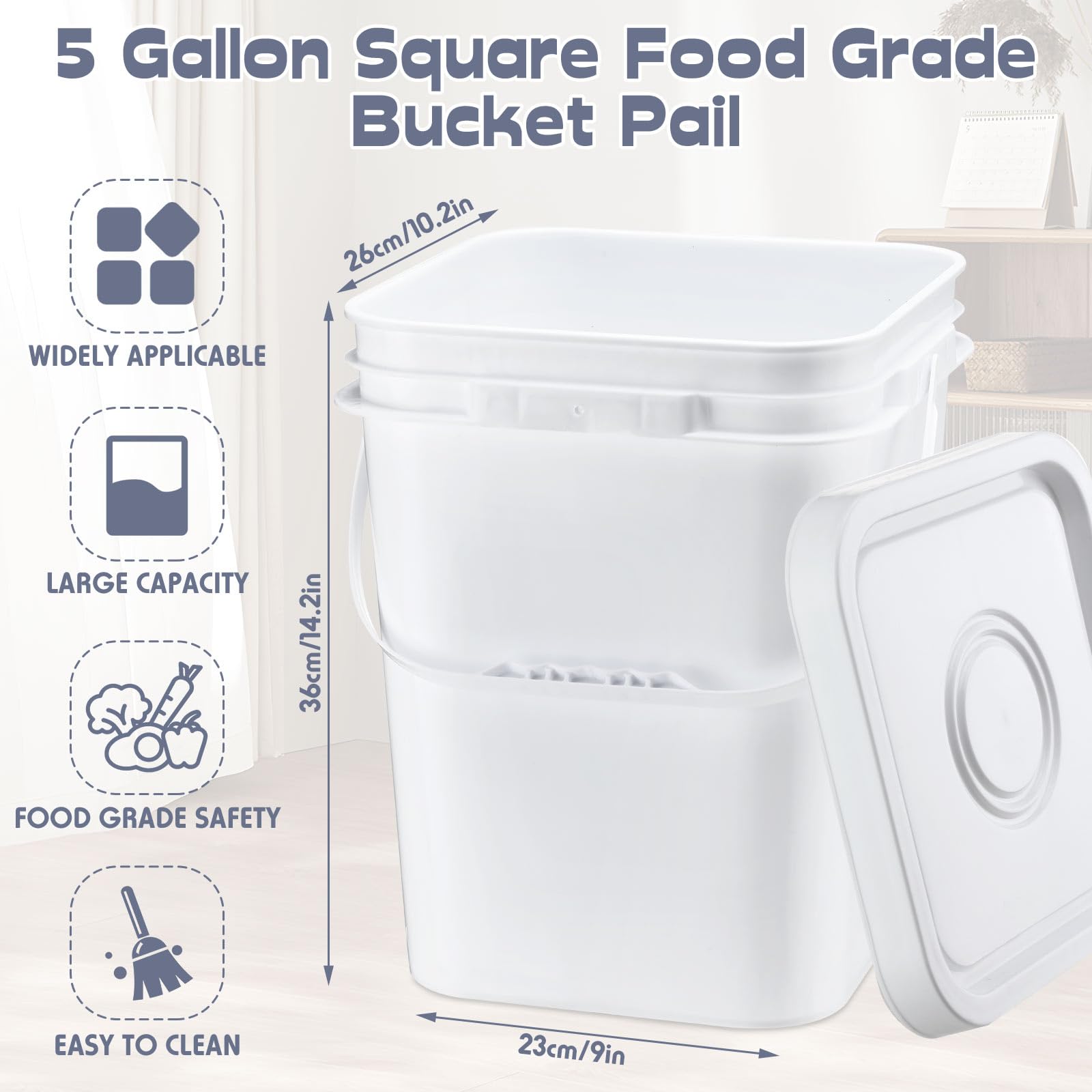 Vesici 6-Pack 5 Gallon Square Buckets with Lids & Handles - Heavy Duty Food Grade Storage Containers for Paint, Water, Art Crafts - DIY Label Sticker Included (White) - Perfect for Home, Garage, Workshop & Industrial Use
