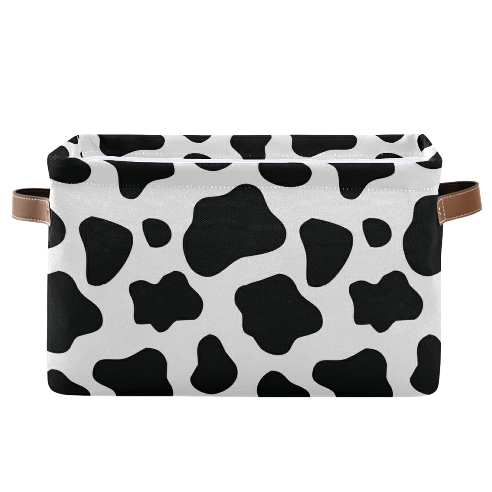 Black and White Cow Print Collapsible Storage Basket with Leather Handles - Rectangular Storage Bin for Nursery, Kitchen, School Organization | Perfect for Baby Clothes, Toys, Books & Home Decor