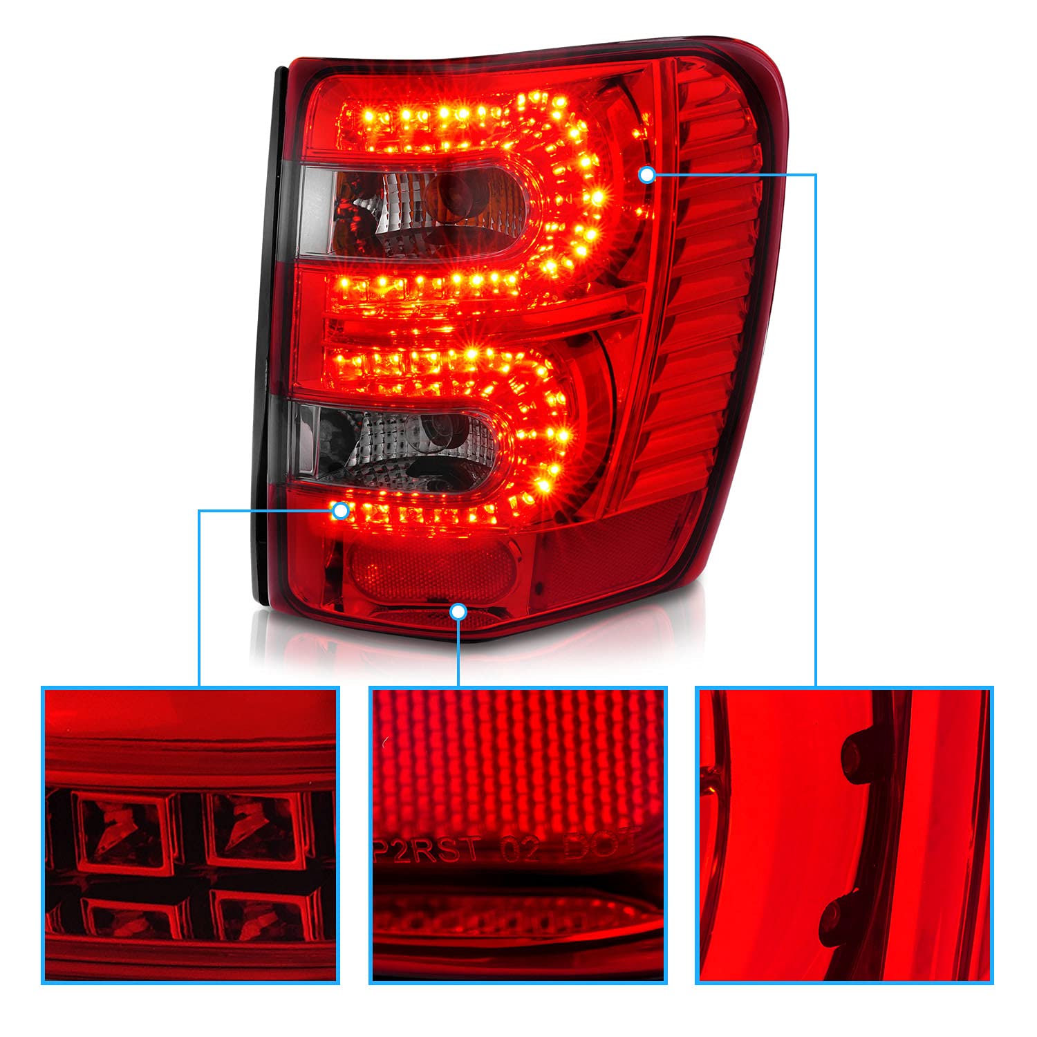 AmeriLite LED Tail Lights Assembly for 1999-2004 Jeep Grand Cherokee - Left & Right Side (Red/Smoke) - Durable & Bright Replacement Lights for Enhanced Night Driving Safety