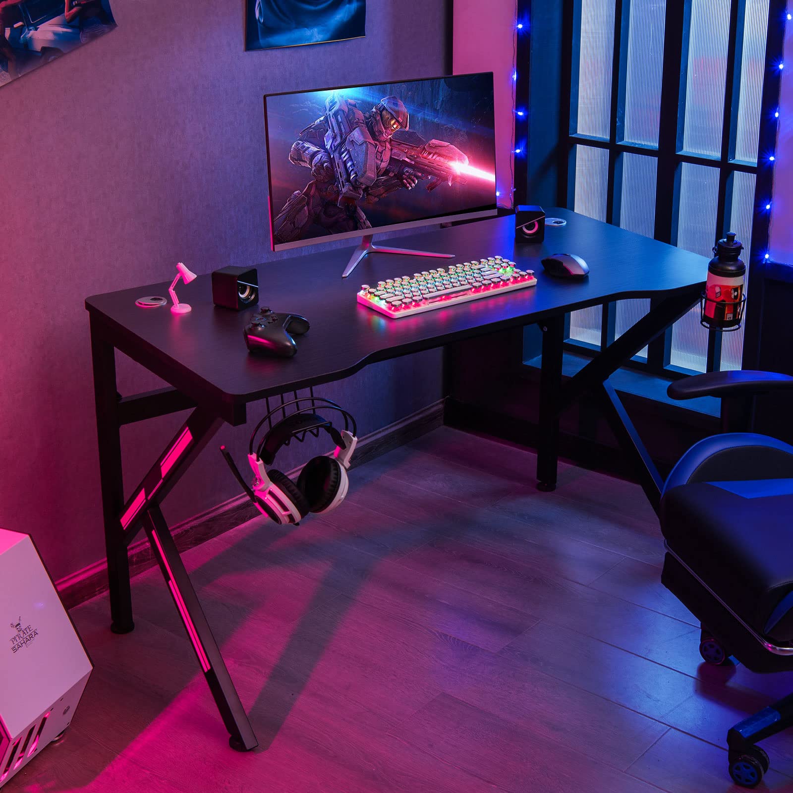 **48 Inch K-Shaped Gaming Desk with Cup Holder & Headphone Hook - Ergonomic PC Computer Desk for Gamers, Home Office & Workstation - 2 Cable Management Holes, Durable Black Design - Perfect for Esports, Streaming & Remote Work**