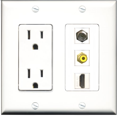RiteAV 15 Amp Power Outlet with HDMI, RCA (Yellow), and Coax Ports - Decorative Wall Plate for Home Theater and AV Setup