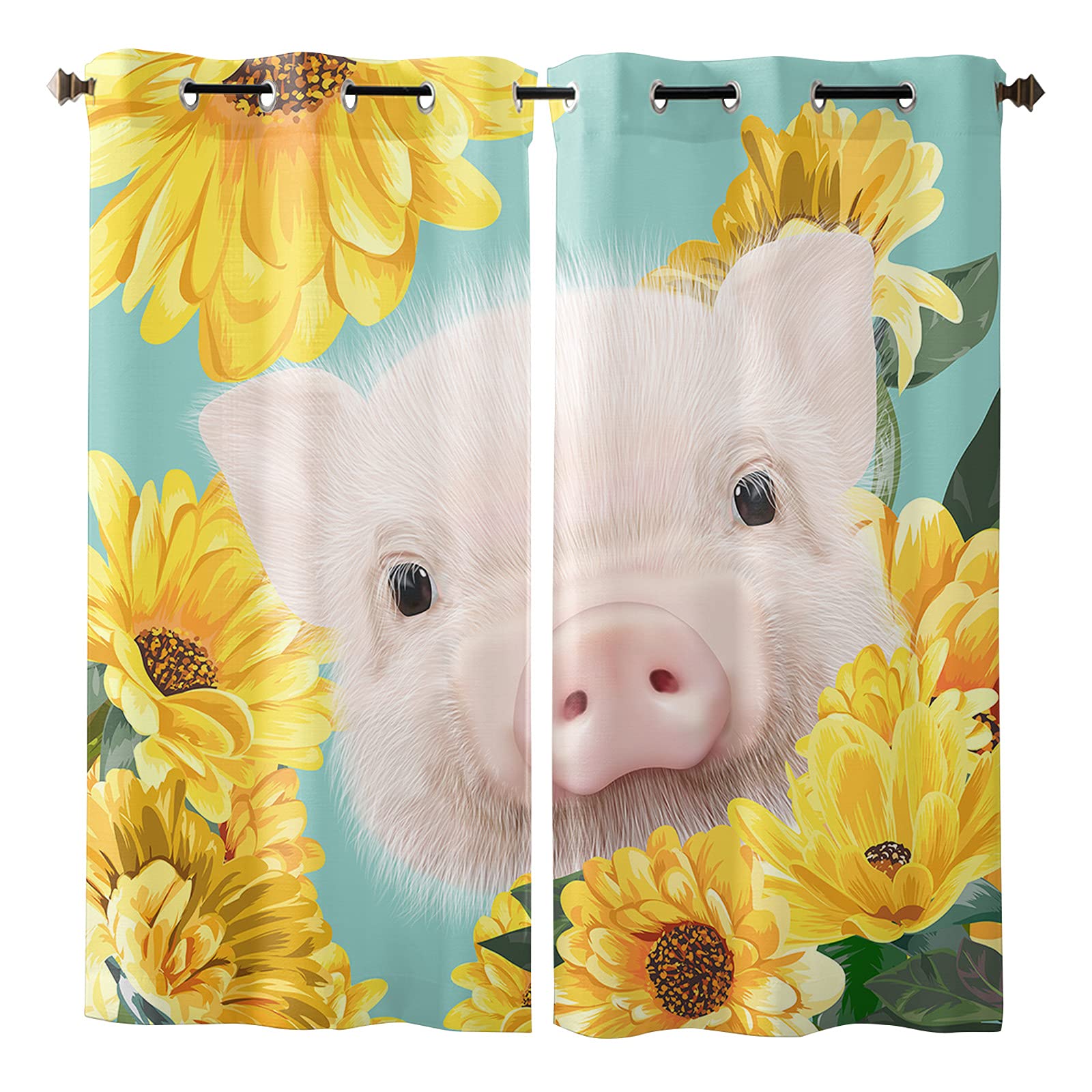 Elegant Sheer Curtains with Cute Pig & Yellow Daisy Print - 2 Panel Kitchen Tier Grommet Drapes, 90 Inch Length for Living Room, Bedroom, Patio & Sliding Glass Door - Perfect for Natural Light Filtering & Privacy
