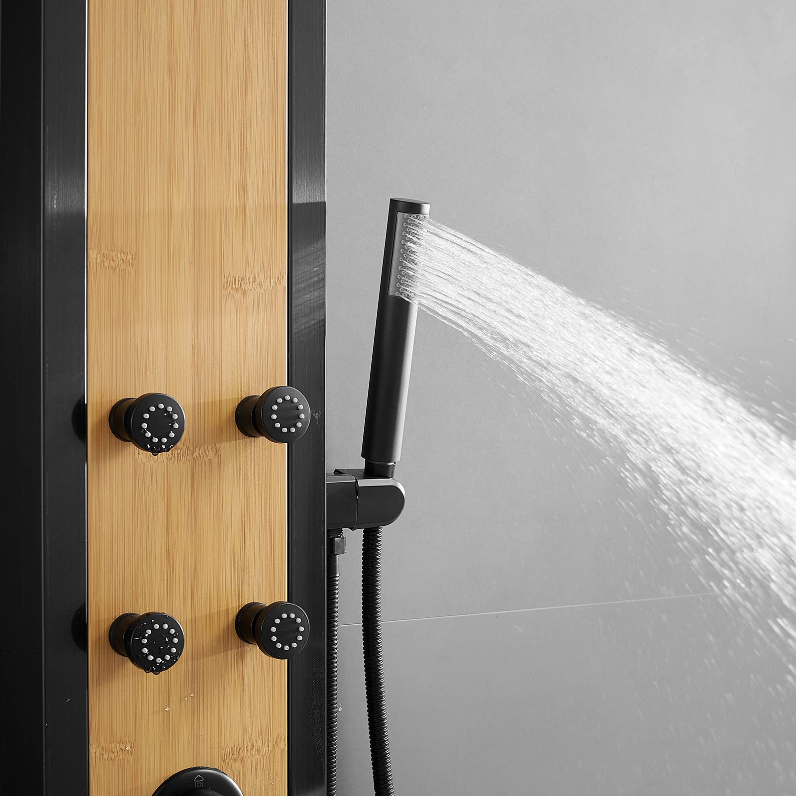 BWE 8-Jet Multifunction Shower Panel System - Black Stainless Steel & Bamboo Wood Massage Panel with Handheld Shower Wand - Wall Mount Shower Column for Spa-Like Relaxation in Bathroom