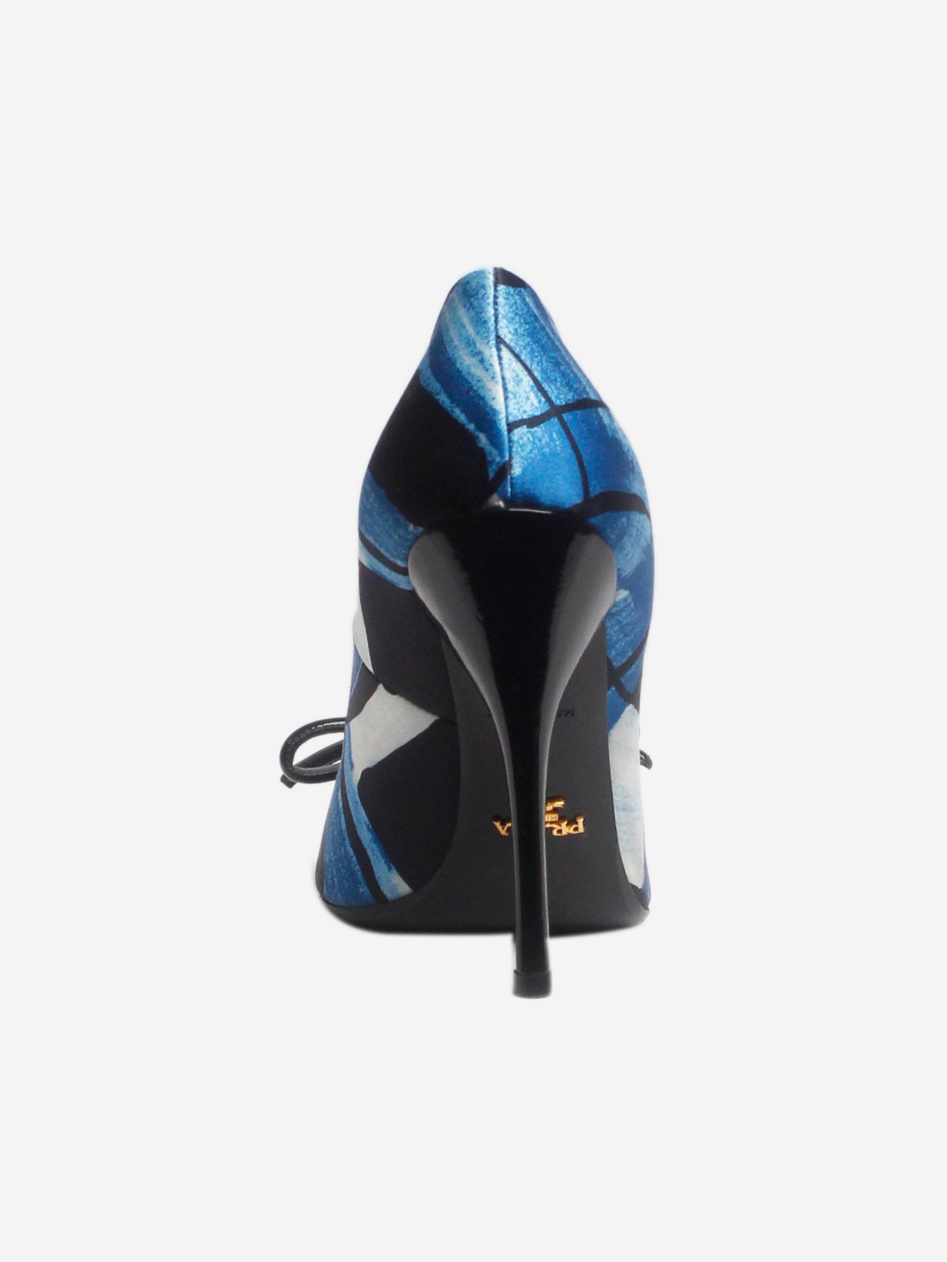 Elegant Blue Satin Printed Bow Heels - Women's Size EU 39 (UK 6) - Perfect for Weddings, Parties & Special Occasions