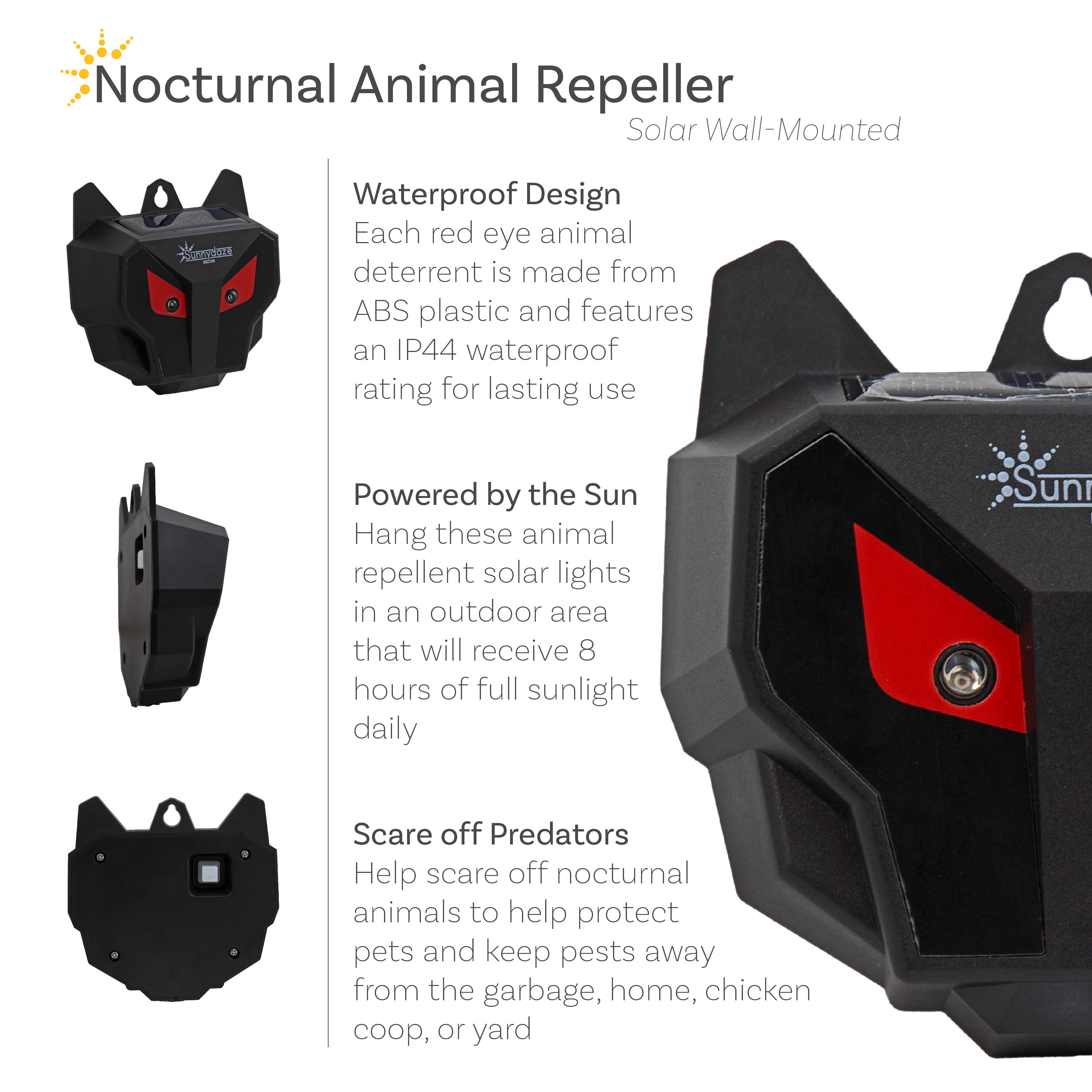 Solar Powered Animal Repellent - Wall Mounted Ultrasonic Pest Control for Gardens, Yards & Outdoor Areas - Weatherproof & Humane Rodent Repeller for Home Use