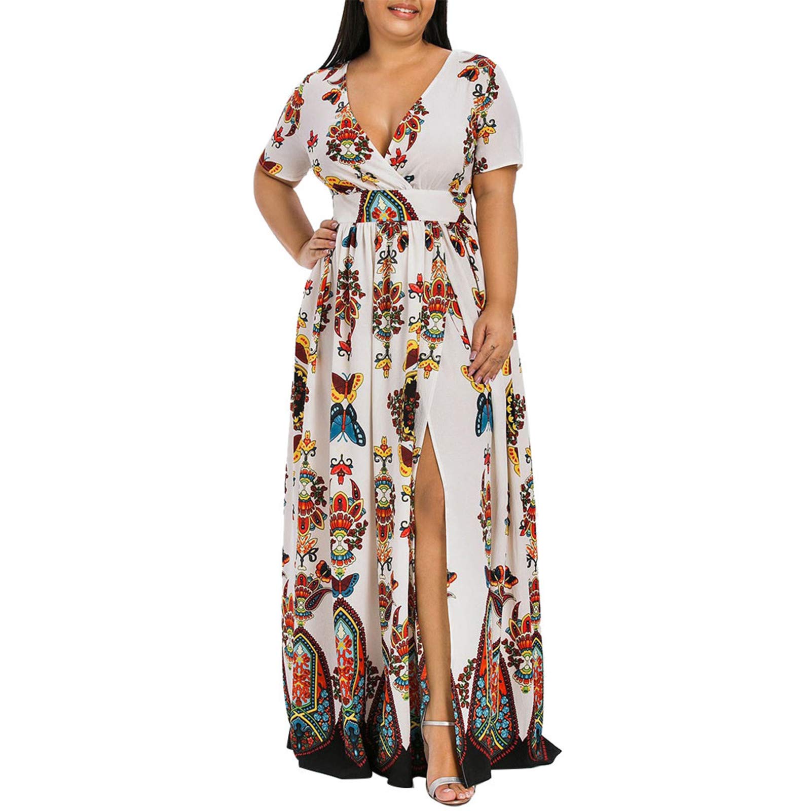 TIMIFIS Plus Size Summer Wedding Guest Dress for Women - Short Sleeve V-Neck Floral Print Long Sundress with Side Slit | Perfect for Beach Parties, Bridal Showers & Formal Events