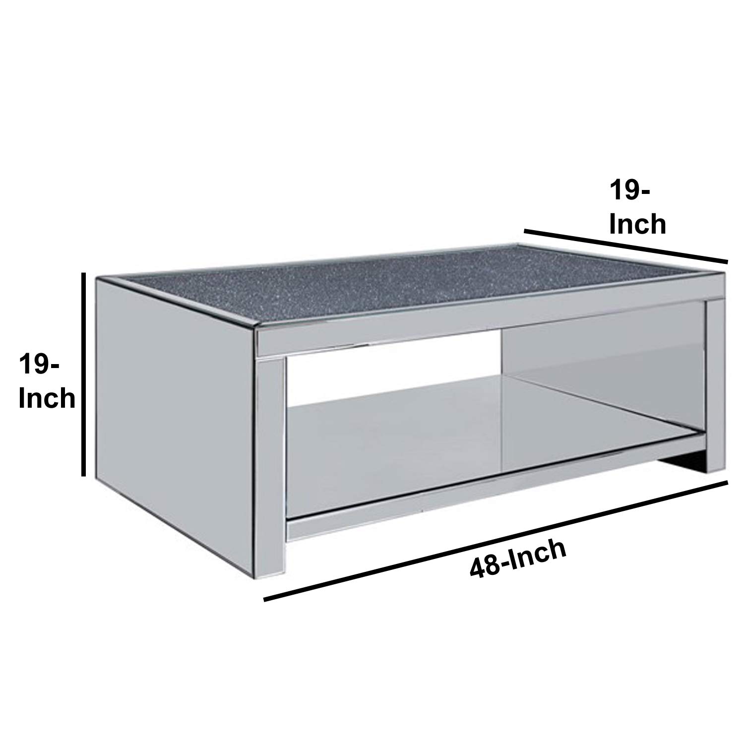Benjara Modern Wood and Mirror Coffee Table with One Shelf - Clear Glass Top - Stylish Living Room Furniture for Home Decor