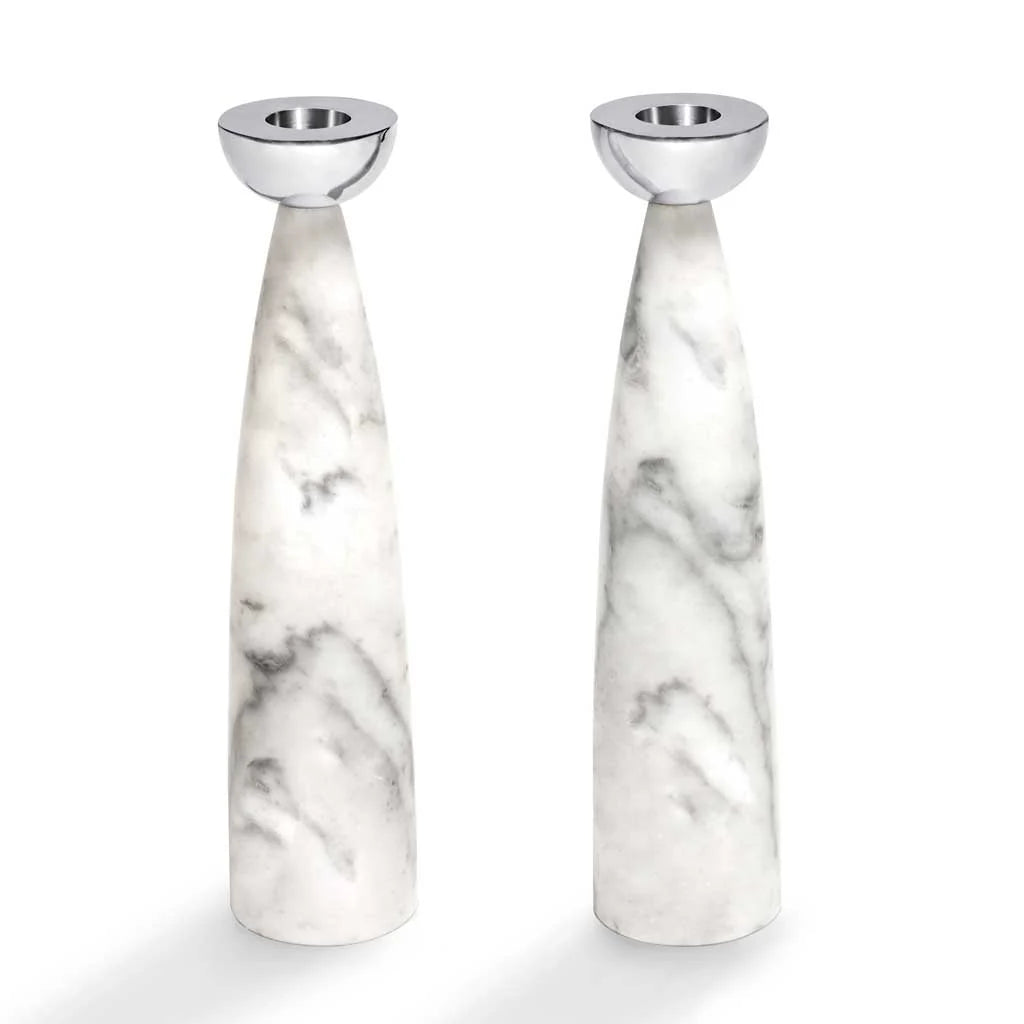 Elegant Marble & Silver Candle Holders Set of 2 - Modern Home Decor for Dining Table, Wedding Centerpiece, and Romantic Ambiance