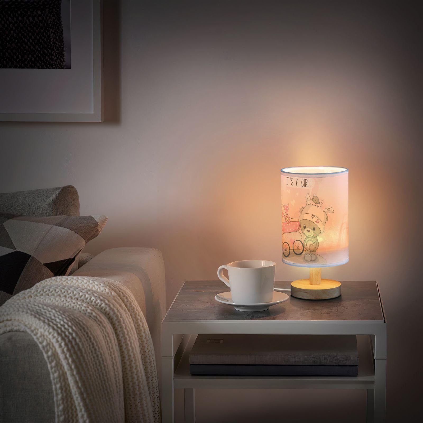 Teddy Bear Table Lamp with Pink Baby Carriage & Heart Quote - Wood Base Fabric Shade Nightstand Lamp for Girls | Perfect for Bedroom, Nursery, Kids Room & Office Decor (It's A Girl Theme)