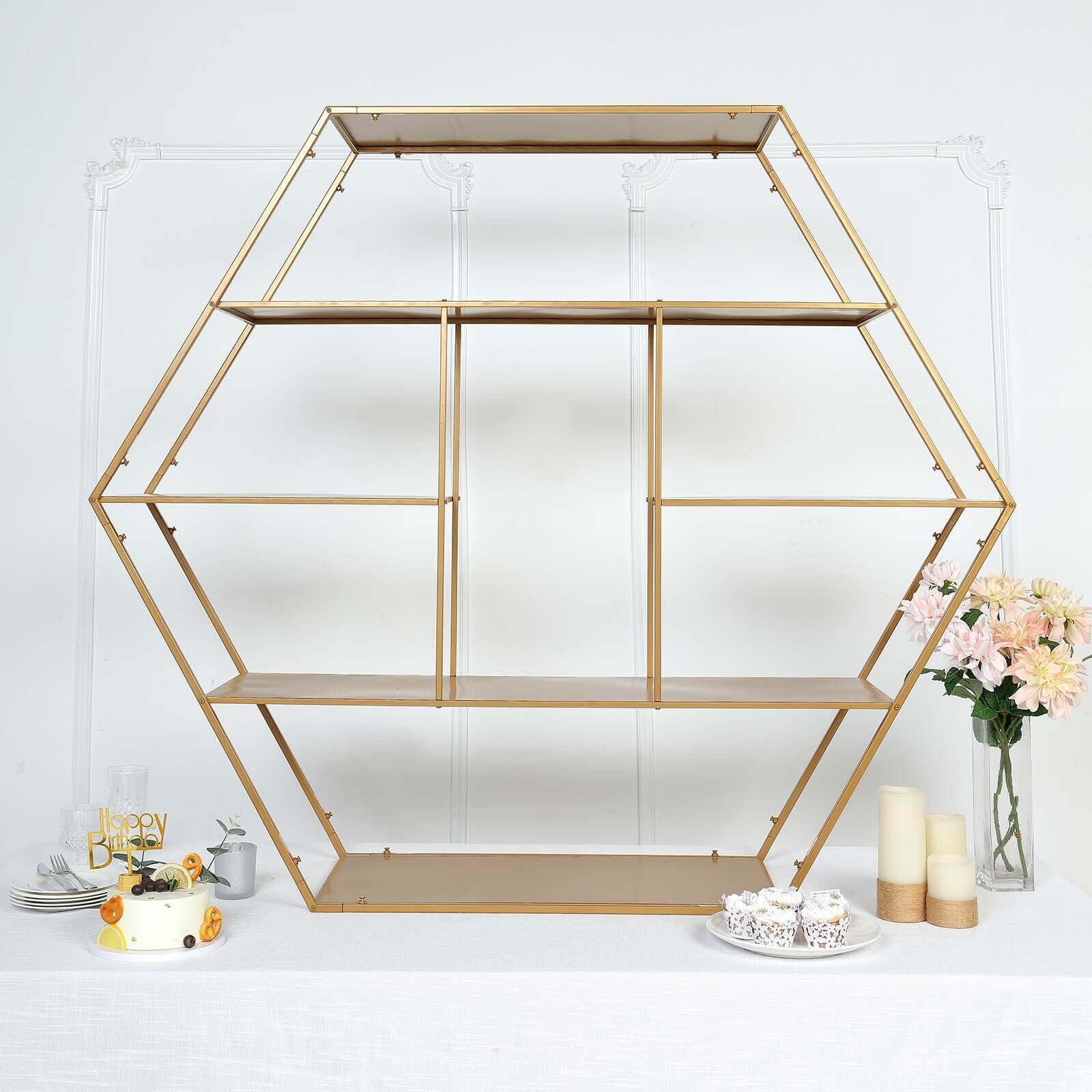 Efavormart 4ft Large Gold Metal Hexagonal Cake Dessert Display Stand - Wedding Arch Backdrop, Balloons Rack, Modern Bookcase - Perfect for Wedding Decor, Party Centerpiece & Home Display
