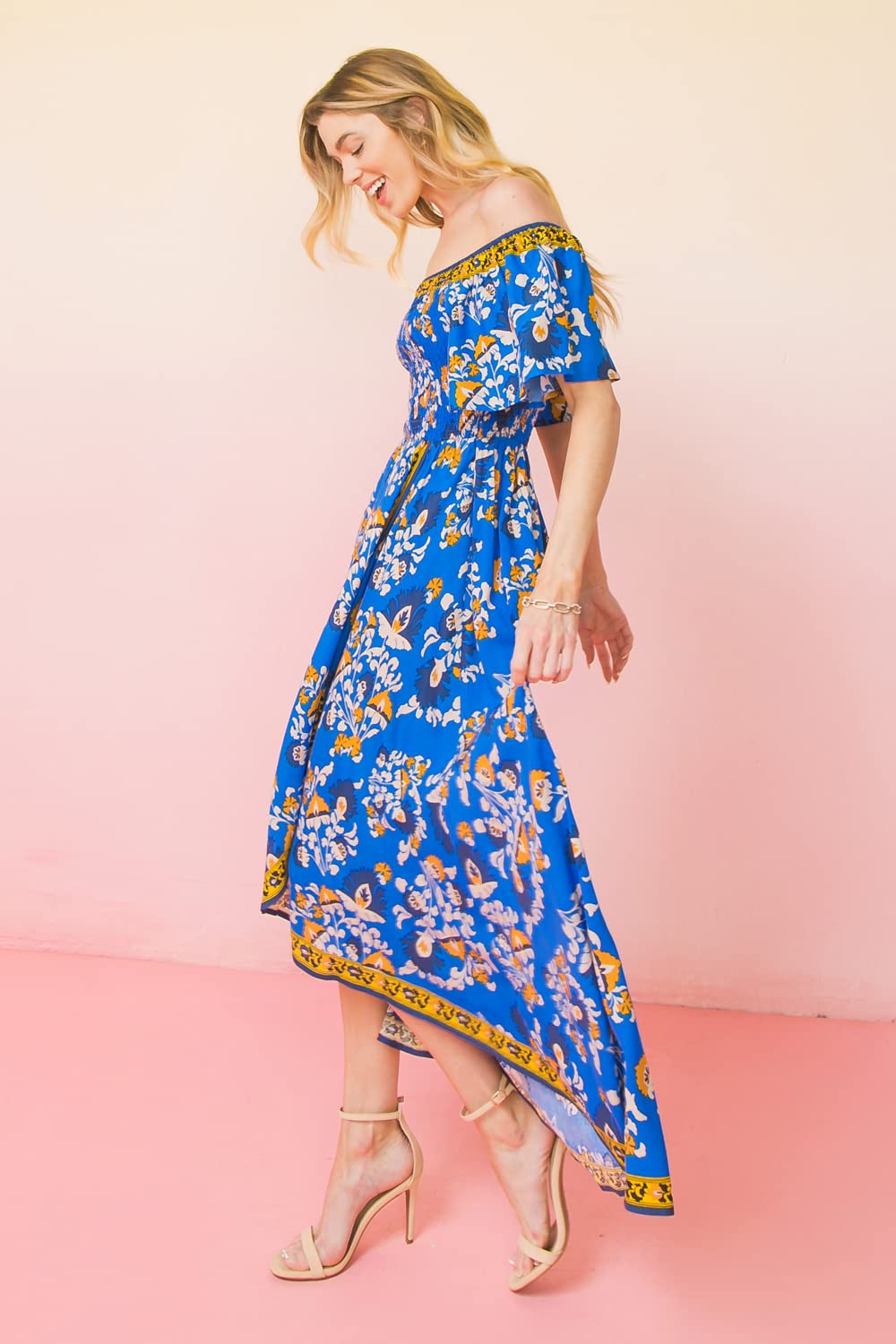 Bohemian Off Shoulder Maxi Dress with Hi-Low Hem - Tropical Floral Smocked Summer Dress for Beach Vacation & Outdoor Party