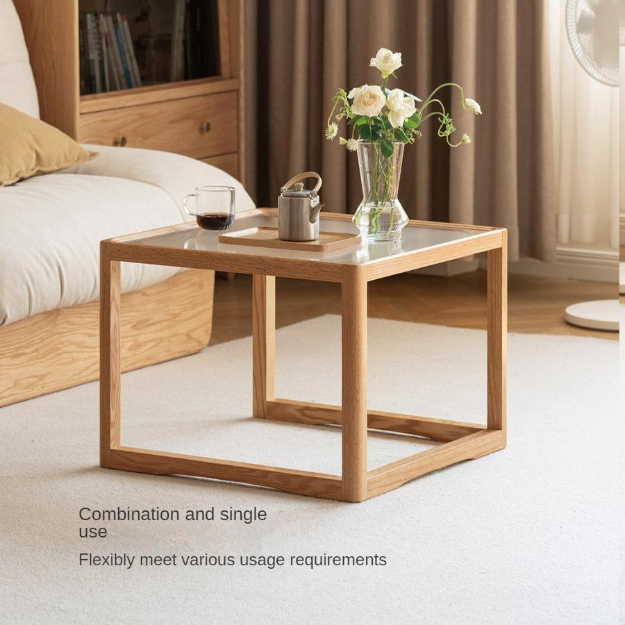 Solid Oak Wood Coffee Table with Glass Top and Rattan Shelf - Perfect for Living Room, Patio, or Outdoor Furniture Decor