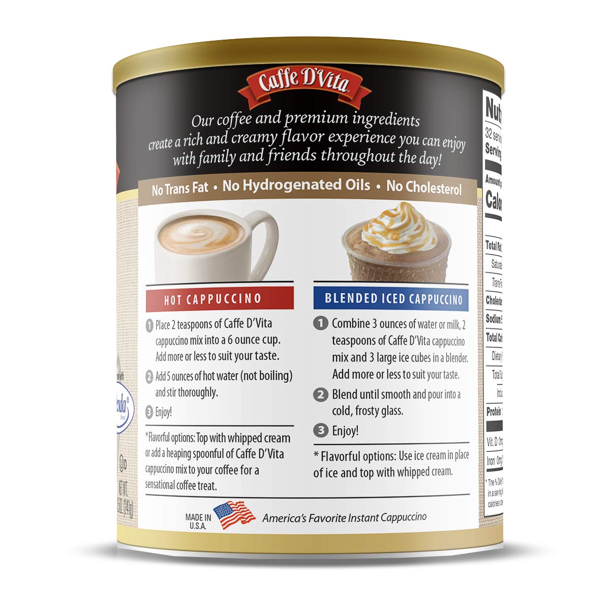 Sugar Free French Vanilla Cappuccino Mix by Caffe D’Vita - Instant Gluten Free Coffee Drink, 99% Caffeine Free, No Cholesterol or Hydrogenated Oils - 8.5 Oz Can (6-Pack) - Perfect for Office, Travel & Keto Diet
