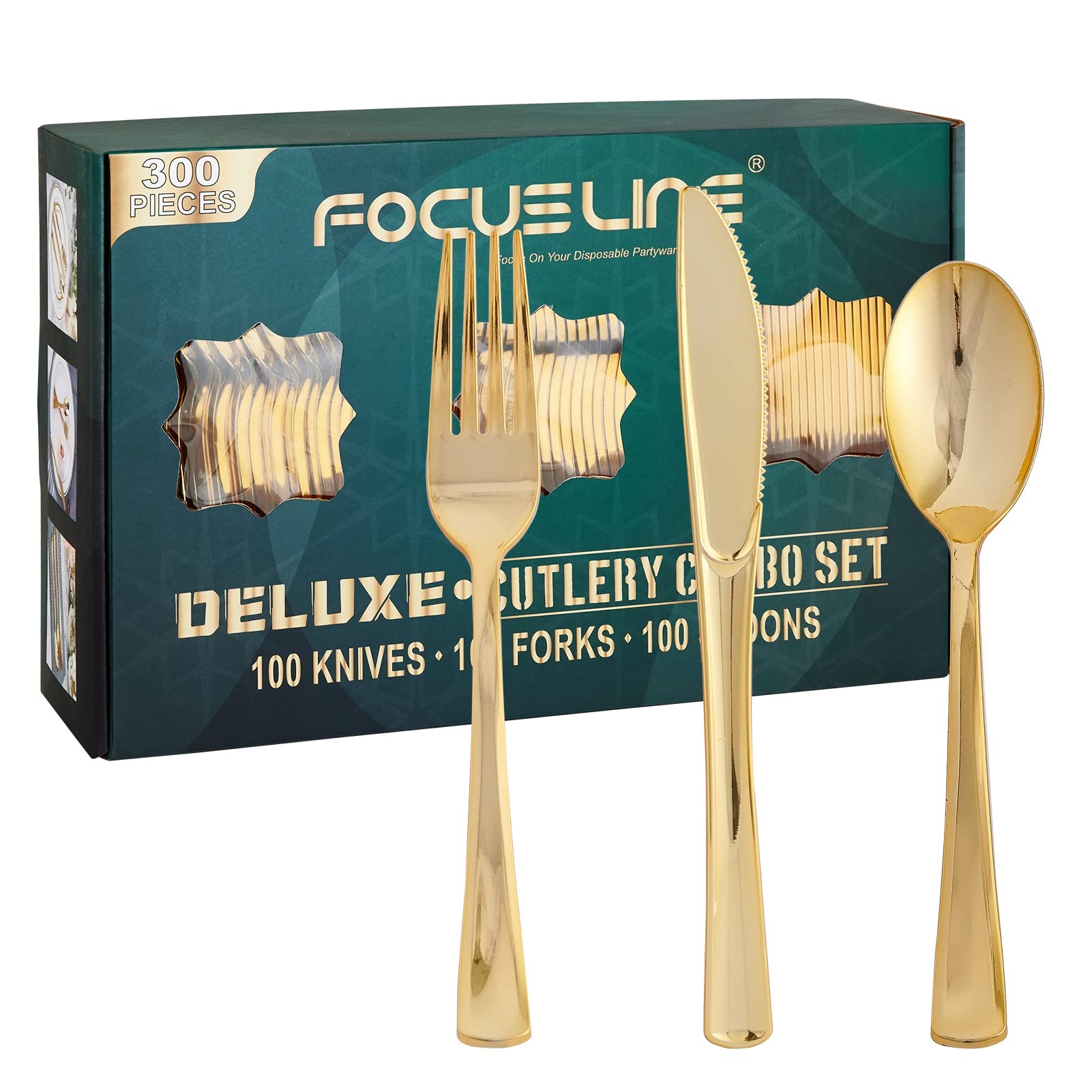 FOCUSLINE 300-Piece Gold Plastic Silverware Set - 100 Forks, 100 Knives, 100 Spoons - Heavy Duty Disposable Cutlery for Catering, Parties, Weddings & Events - Perfect for BBQs, Picnics, Office Lunches & Family Gatherings
