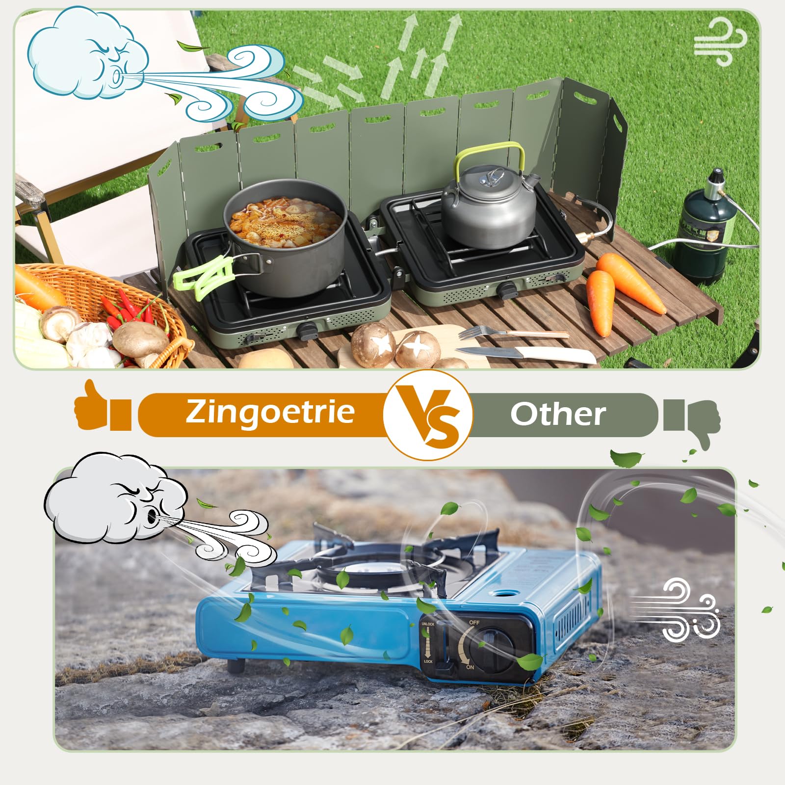 Zingoetrie 17000 BTU Portable Propane Camping Stove - Adjustable Dual Burner with Windscreen, Foldable Design & Carry Bag - Perfect for Outdoor Cooking, Camping, Backpacking, Picnics & Tailgating