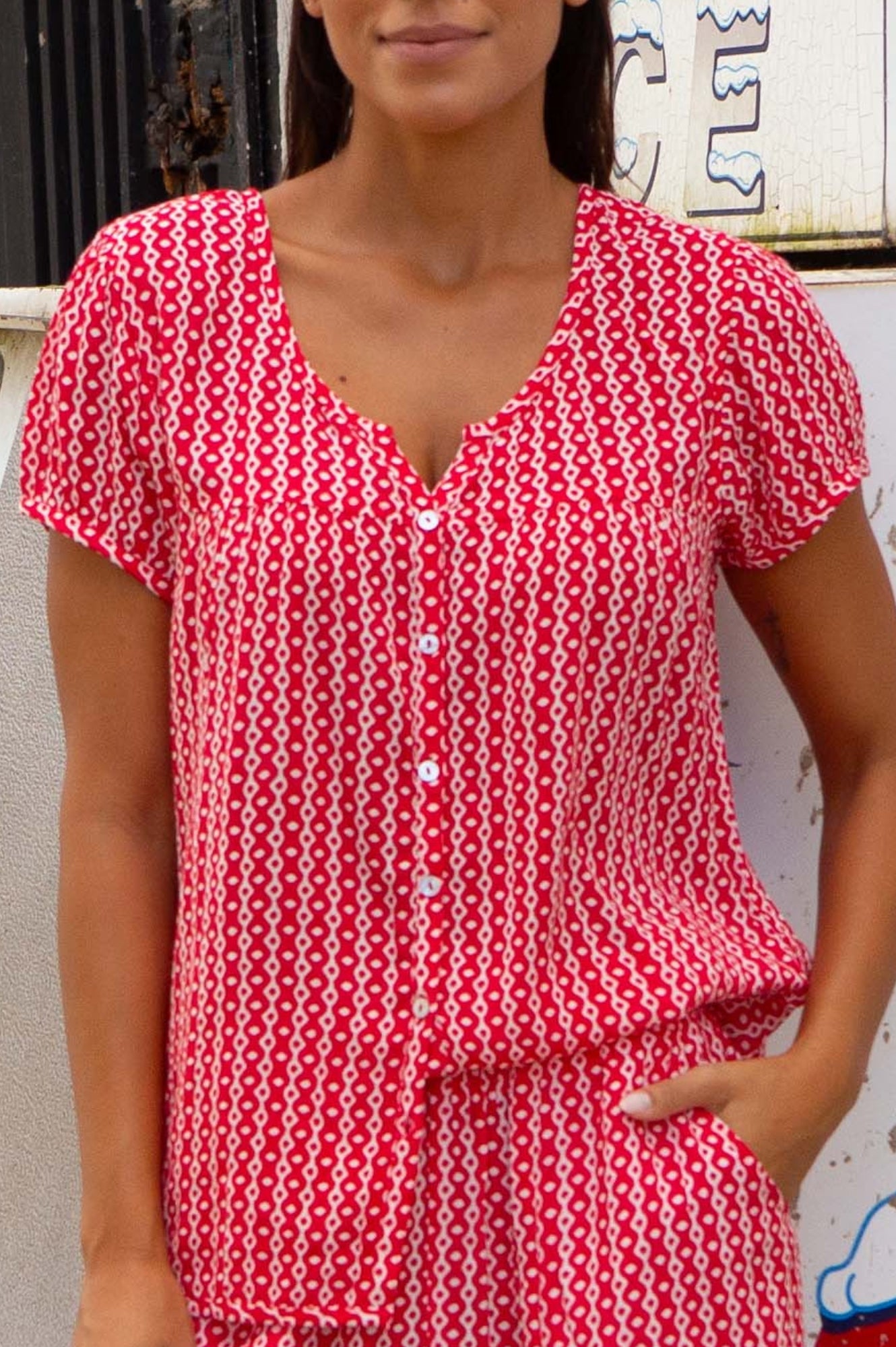 Lisbon Blouse with Santorini Border - Red and White Floral Print Women's Top for Casual Wear, Vacation & Summer Outfits