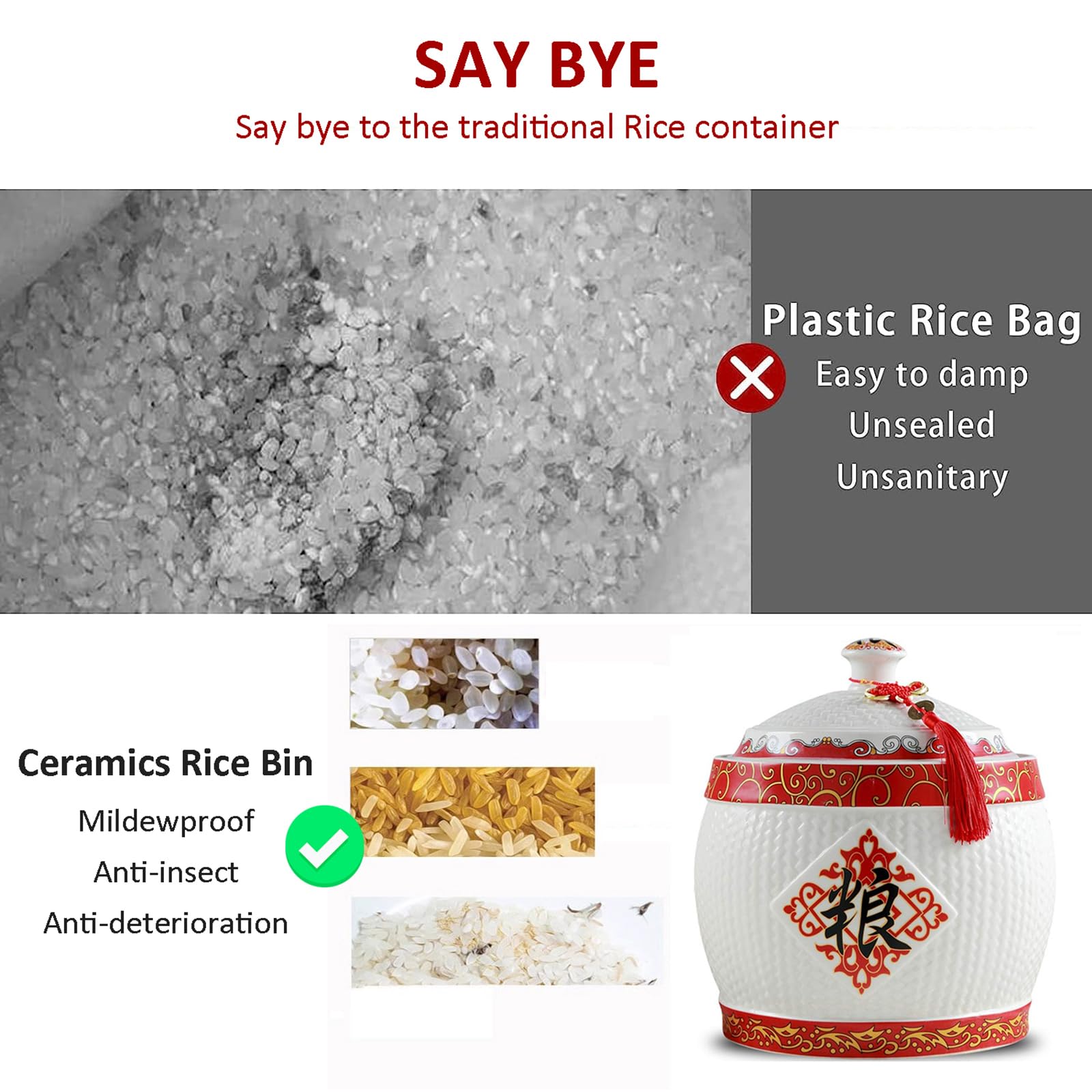 HM&DX Ceramic Rice Storage Containers with Lid - Airtight Porcelain Food Dispenser, Chinese Style Rice Jar & Flour Sugar Baking Storage Box for Kitchen Pantry Organization | Perfect for Rice, Grains, Flour, Sugar & Dry Food Storage