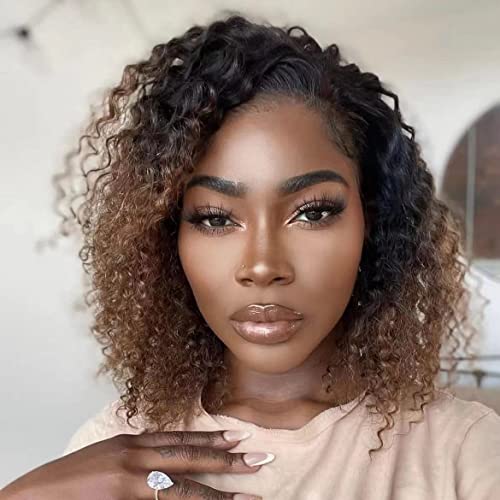 Accammy 13x4 Ombre Brown Deep Curly Lace Front Wig - 150% Density Human Hair with Pre-Plucked Hairline, 1B30# Kinky Curly Bob Style for Black Women - Glueless Design (14 Inch) - Perfect for Daily Wear, Parties, and Special Occasions