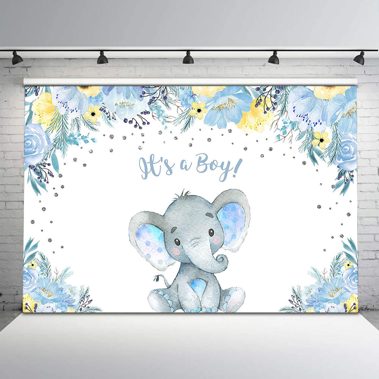 Avezano Blue and Yellow Floral Elephant Baby Shower Backdrop with Silver Dots - 10x8 ft Nursery Decor for Gender Reveal, First Birthday Party, Newborn Photography Background