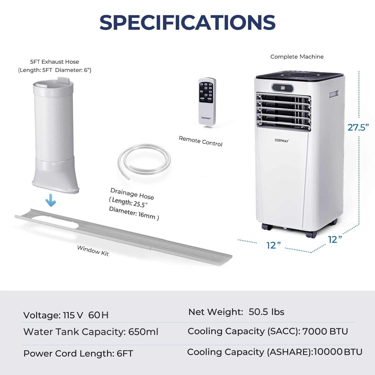 COSTWAY 10000BTU Portable Air Conditioner with Dehumidifier, 3-in-1 Cooling Fan & Sleep Mode, 2 Speed Settings, 24H Timer & Remote Control - Cools Rooms Up to 350 Sq.Ft (Window Kit Included, White) - Perfect for Bedrooms, Living Rooms & Home Offices