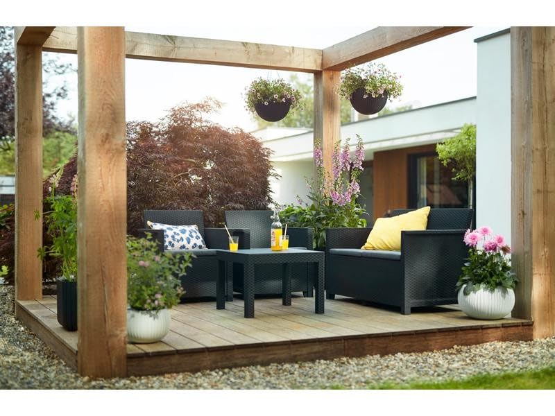 Keter Emma 4-Piece Outdoor Patio Garden Set with Table and Cushions - Rattan-Look Resin Furniture in Graphite Color for Backyard, Terrace, or Poolside Relaxation