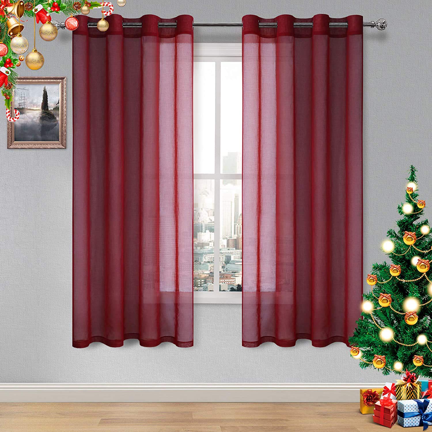 DWCN Amaranth Red Sheer Voile Curtains for Bedroom & Living Room - Light Filtering Grommet Window Drapes for Patio Door, Set of 2 Panels (52x72 Inches) - Perfect for Privacy, Sun Protection & Home Decor