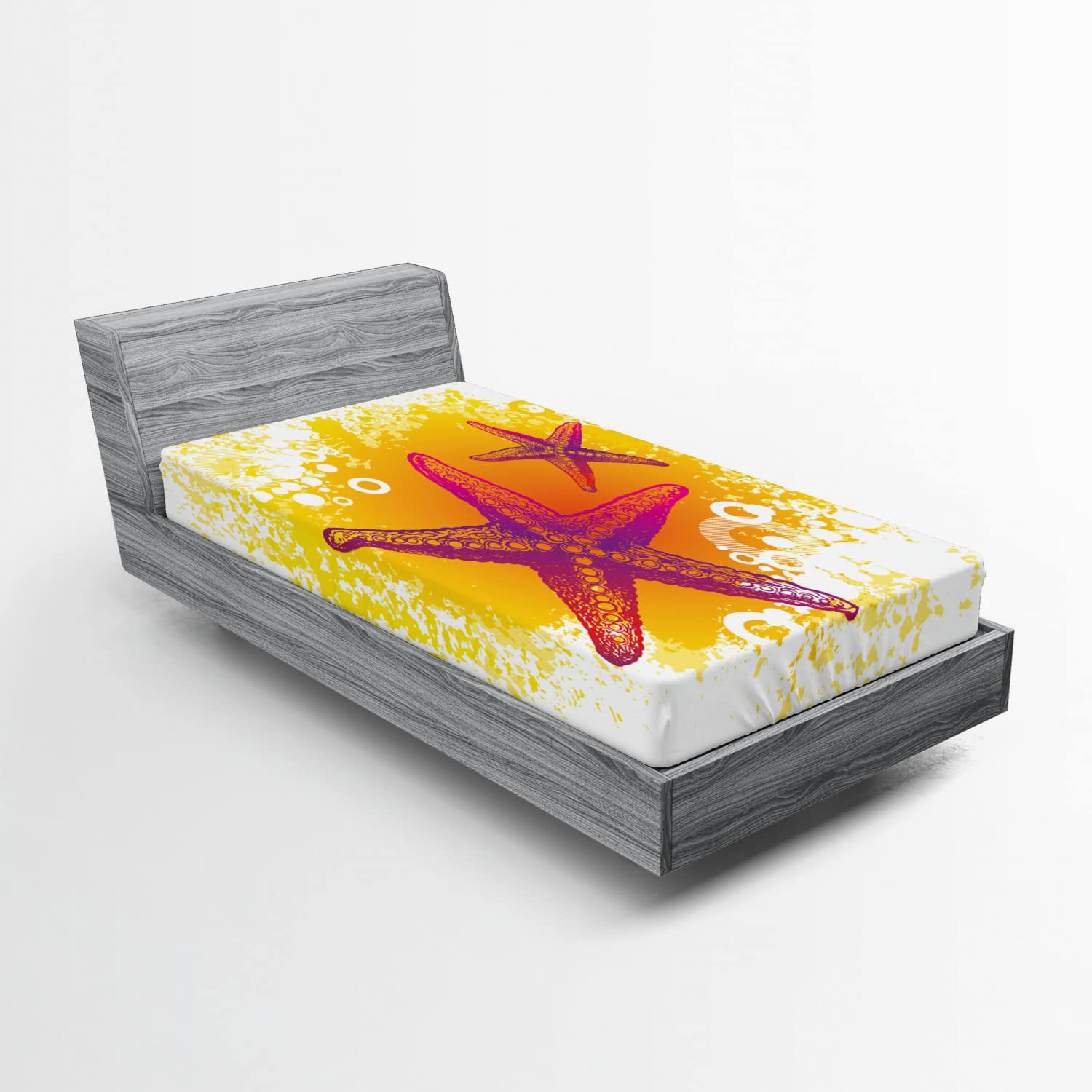 Ambesonne Starfish Fitted Sheet - Vibrant Tropical Animal & Bubble Print Deep Pocket Bed Cover - Twin XL Size in Fuchsia Hot Pink & Yellow - Perfect for Beach Themed Bedrooms & Coastal Decor