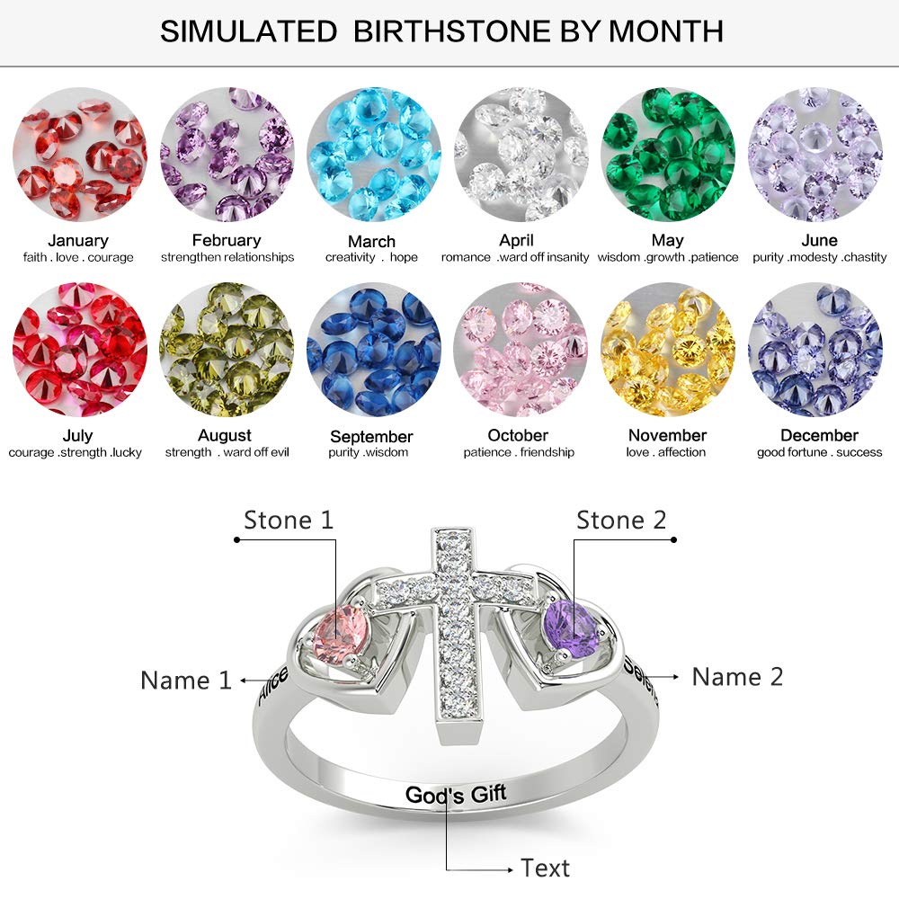 Personalized Promise Rings for Women - Custom Name & 2 Simulated Birthstones Sterling Silver Mother's Rings | Perfect Gift for Anniversary, Valentine's Day & Mother's Day