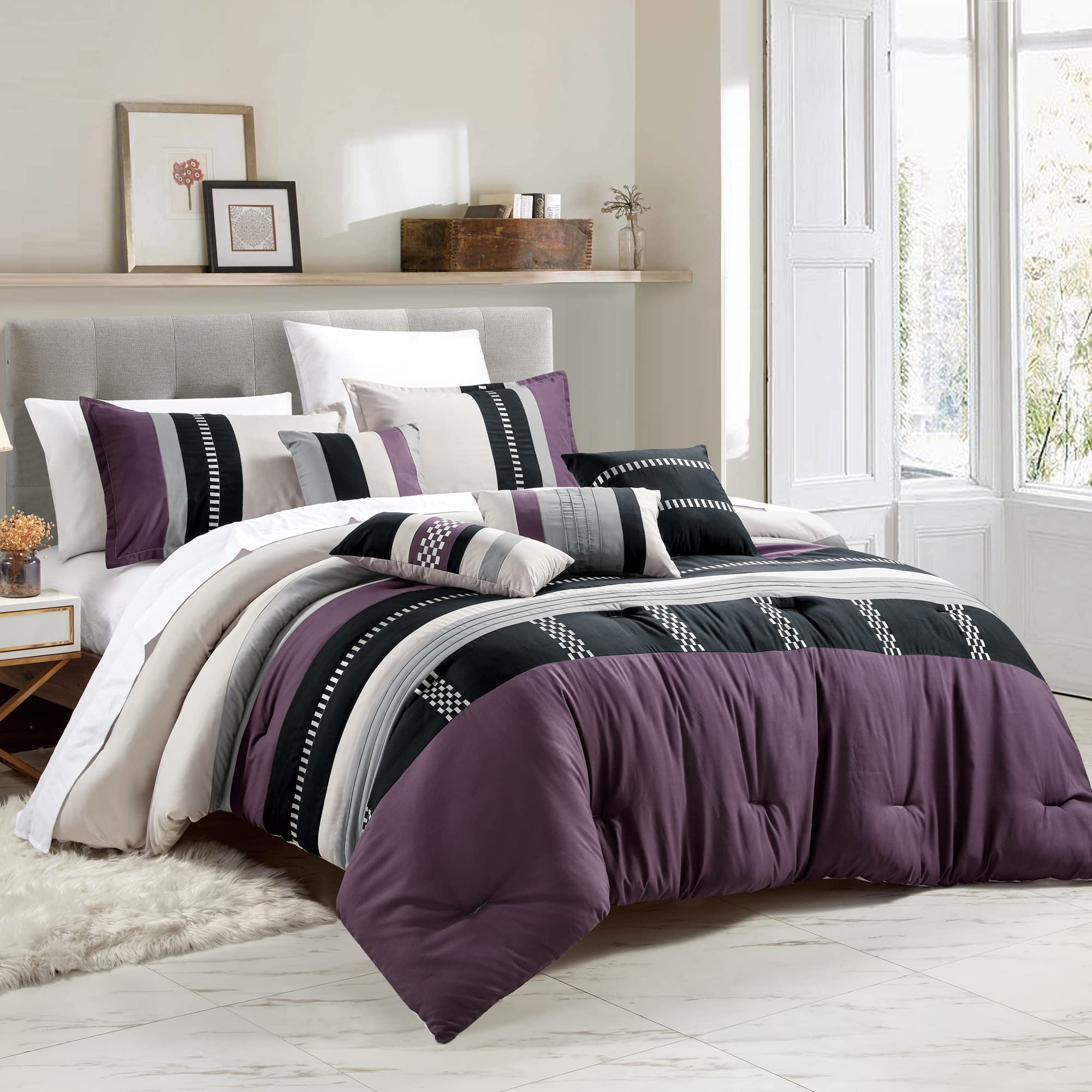 Luxury 7-Piece King/Cal-King Comforter Set with Shams & Cushions - Modern Geometric Print in Purple, Black, Gray & Taupe - Elegant Bedding Collection for Master Bedroom - Perfect for Home Decor & Guest Room Styling