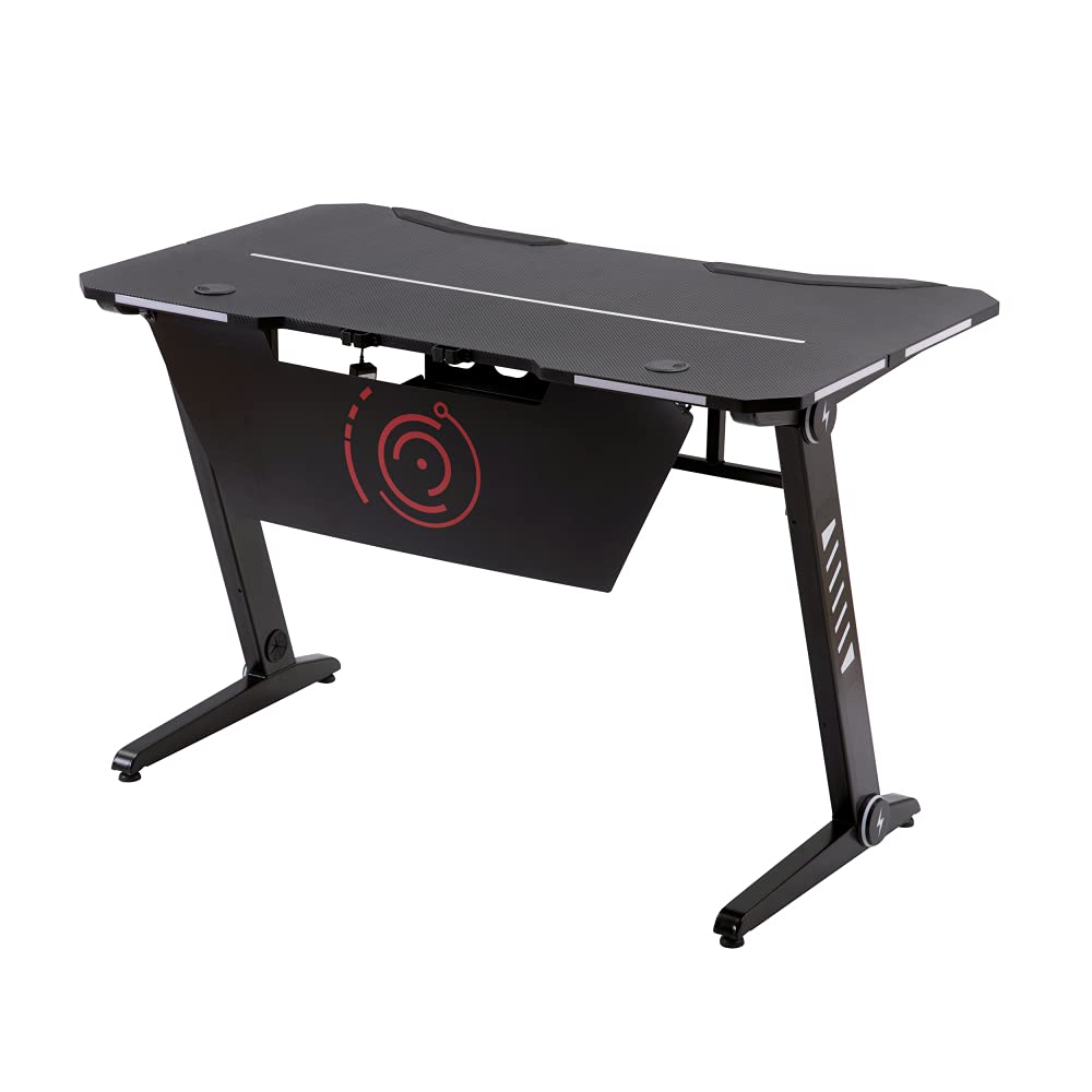 Premium Gaming Desk with RGB LED Lights & Headphone Hook - Ergonomic Home Office Computer Desk for PC Gamers (Black Steel Frame) - Perfect for Streaming, Esports & Work from Home Setup