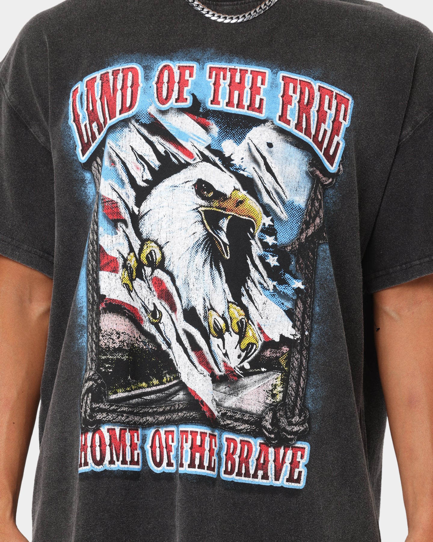 Vintage American Thrift 'Land Of The Free' T-Shirt - Distressed Black Wash Style for Casual Wear & Patriotic Outfits