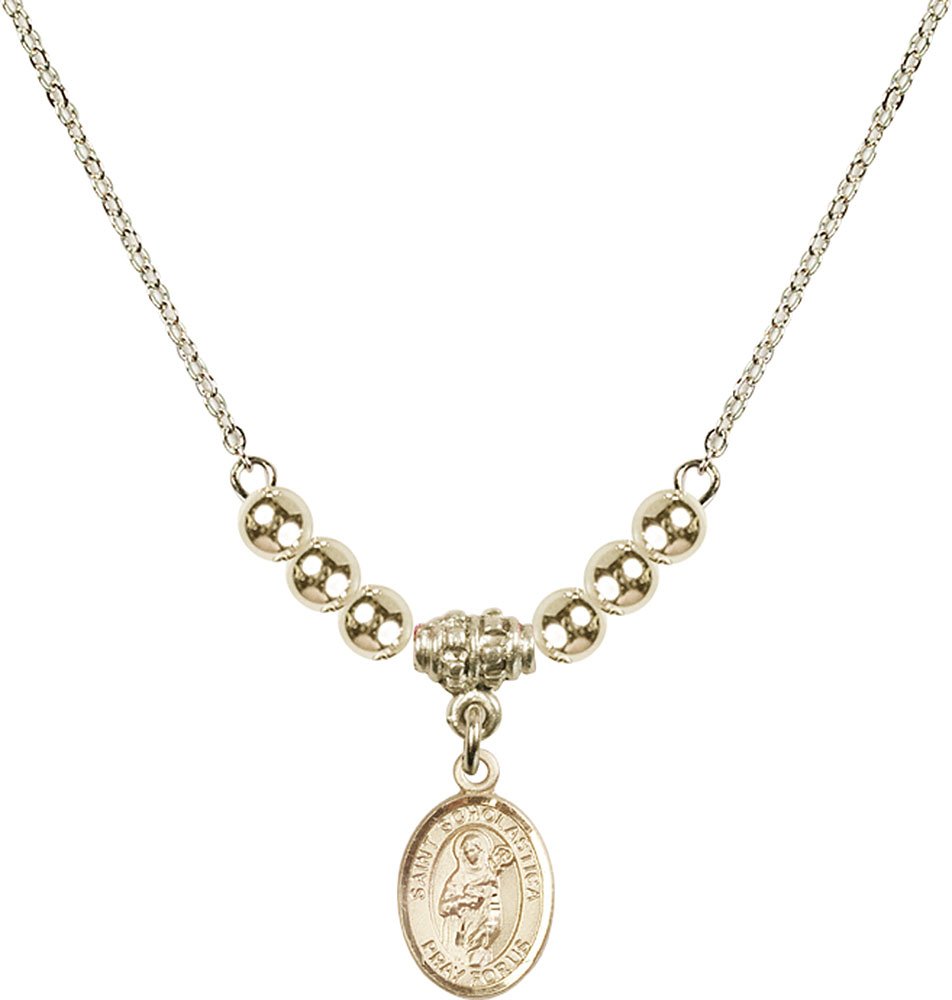 18-Inch Gold Plated Hamilton Necklace with 4mm Gold Filled Beads & Saint Scholastica Charm - Elegant Jewelry for Women, Perfect for Gifts, Parties, and Everyday Wear