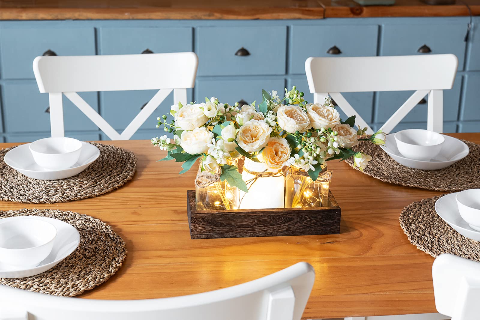 Mkono Farmhouse Mason Jar Lights with Wood Tray - 3 Jars Floral Centerpiece for Dining Table, Kitchen, Living Room Decor | Rustic Wedding, Spring Party & Home Decoration