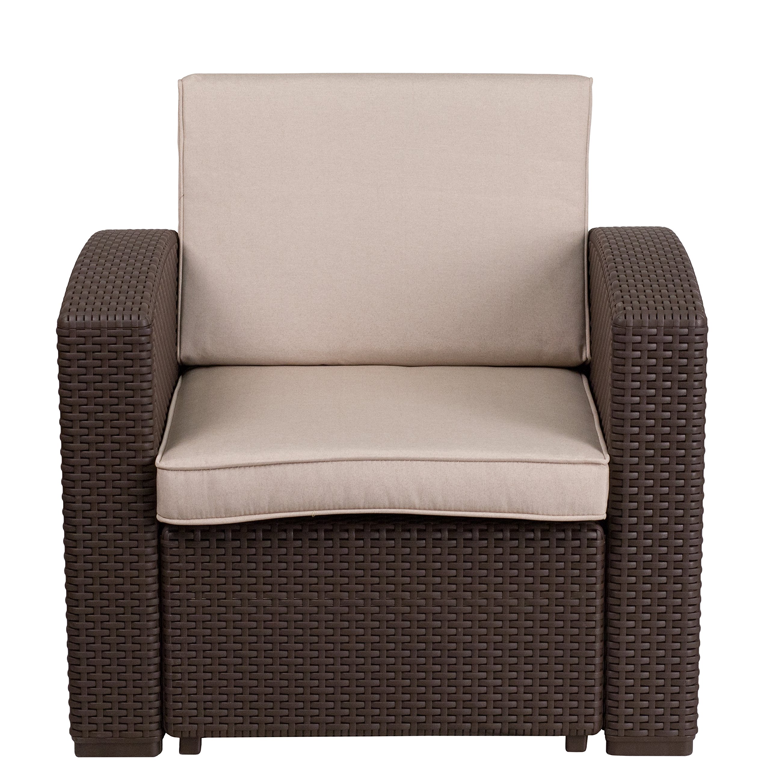 Emma & Oliver Chocolate Brown Faux Rattan Accent Chair with Beige Cushion - Boho Patio Furniture for Outdoor Garden, Porch, and Living Room Decor