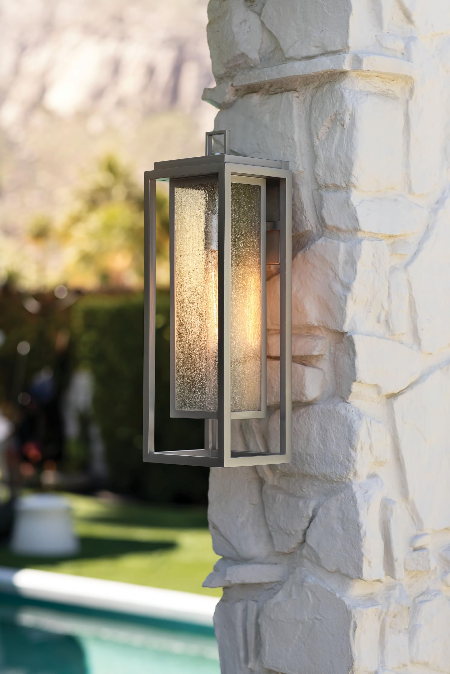 Hinkley Republic 1005SI Large Outdoor Wall Mount Lantern - Modern Transitional Double Frame Design, Satin Nickel Finish - Coastal Elements Collection - Perfect for Porch, Patio, and Entryway Lighting